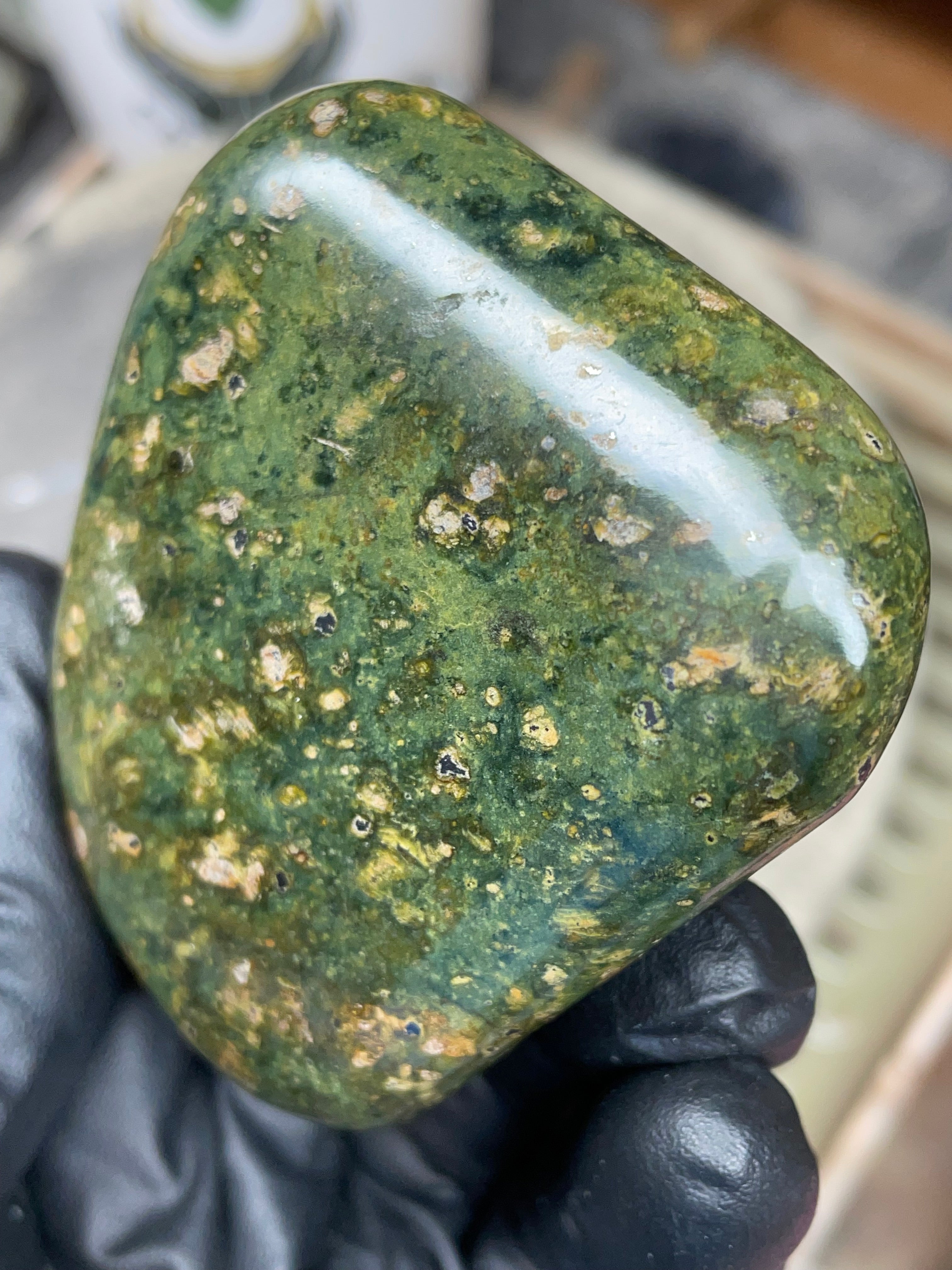 StoneBorn Creations – Hand-Polished Vermont Serpentine | Natural Green Stone with Golden Inclusions | One-of-a-Kind Display Piece