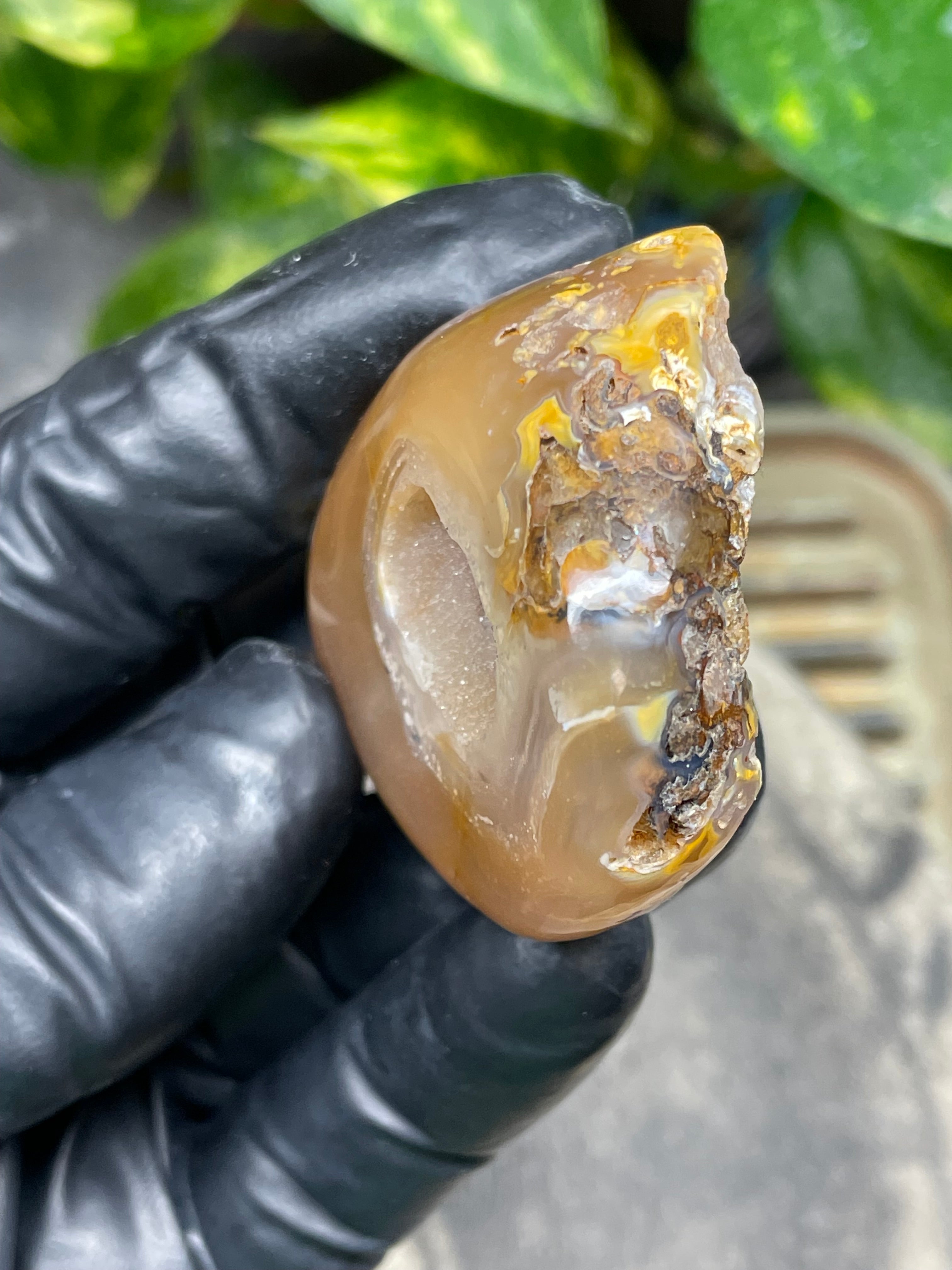 StoneBorn Creations Hand-Polished Banded Agate Pair with Druzy Crystal Centers – Rounded Freeform Stream Stone Halves