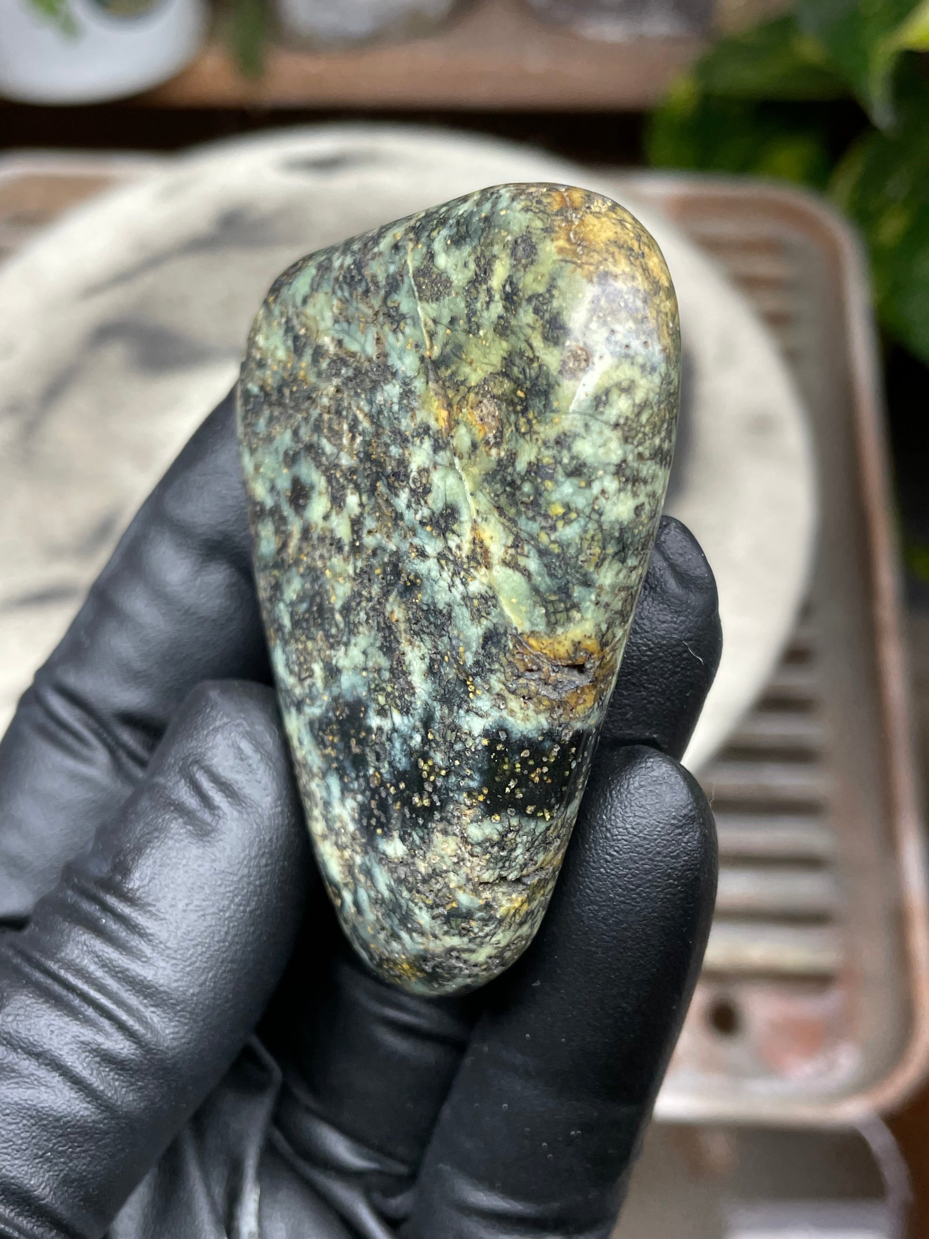 Hand-Polished Vermont Serpentine with Golden Flecking, Deep Green Tones, and Natural Matrix Freeform Finish