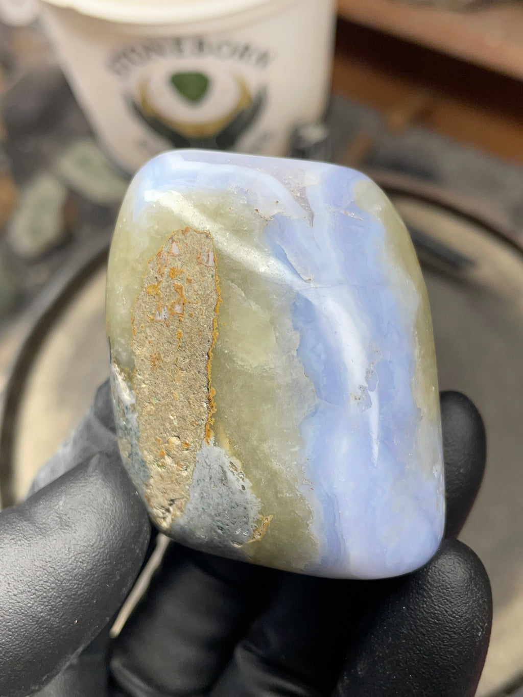 StoneBorn Creations Hand Polished Blue Chalcedony Agate with Natural Druzy Pocket