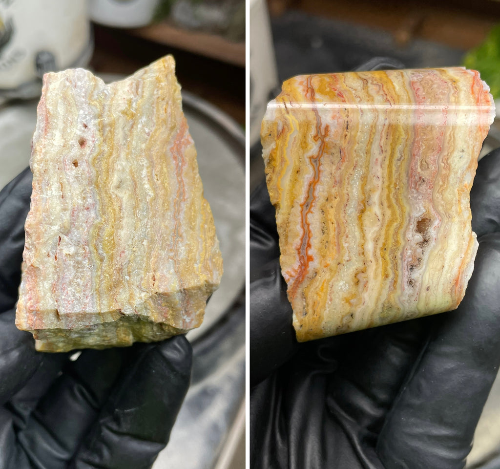 Hand-Polished Banded Agate with Warm Golden Layers and Intricate Lace Patterning