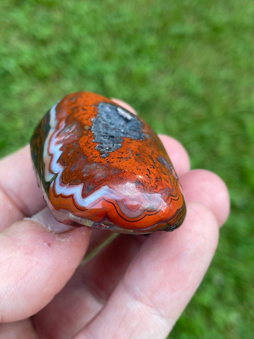 StoneBorn Creations Hand-Polished Lace Agate Freeform with Intricate Fortification Banding, Bold Red Plumes & Natural Druzy Matrix