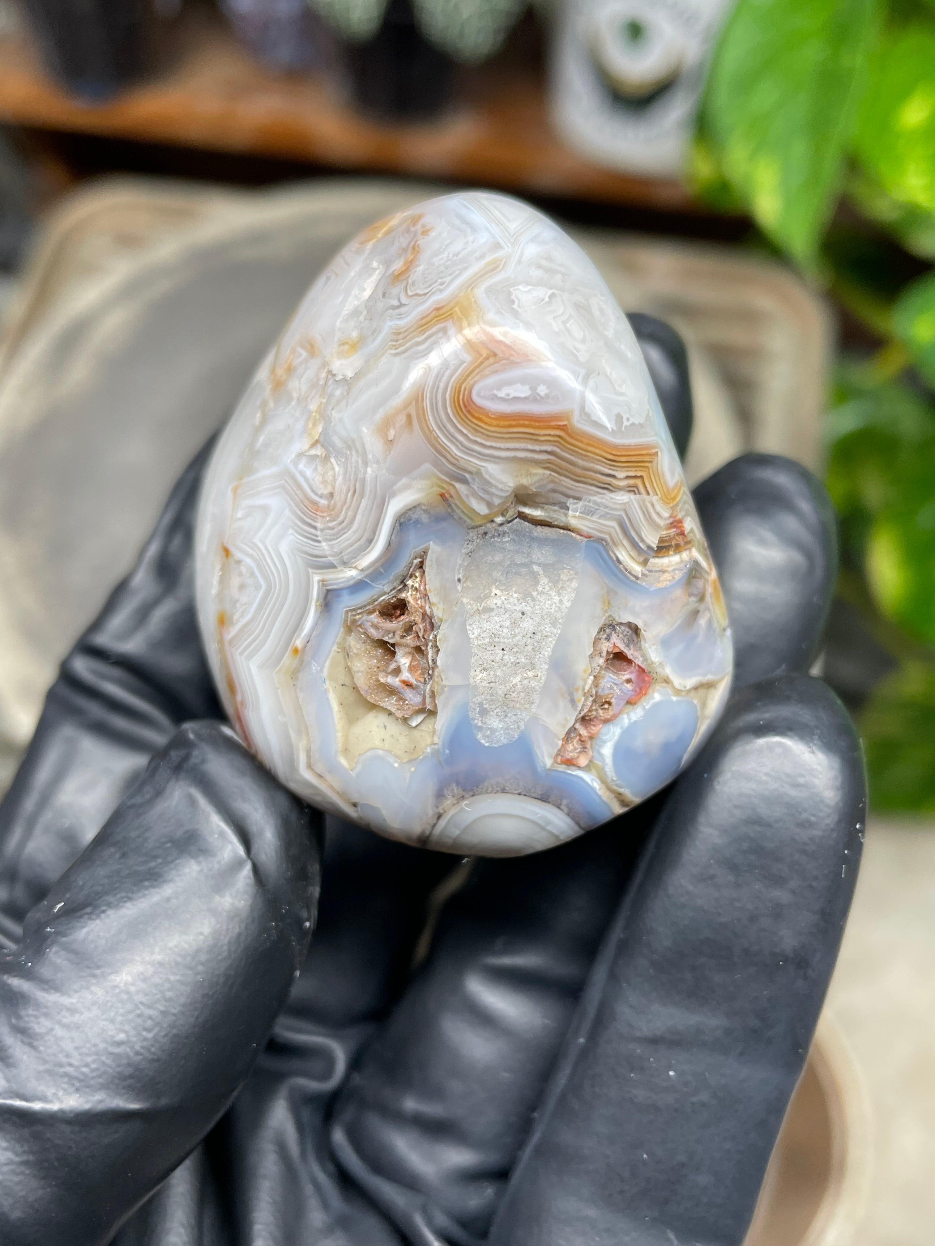 StoneBorn Creations Hand Polished Banded Agate Freeform – Natural Lace Patterns, Raw Base with Fully Shaped Top Display Stone