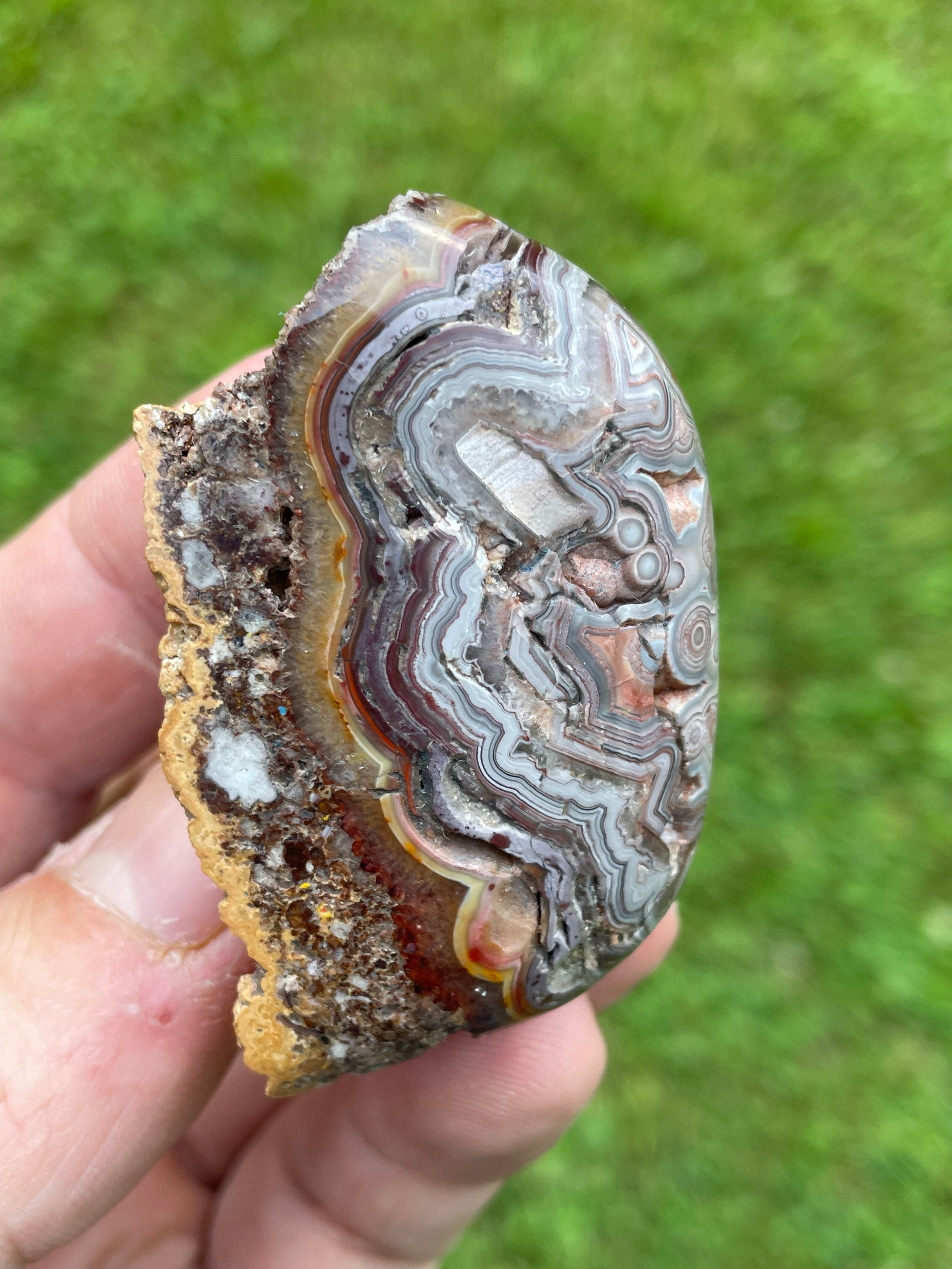 StoneBorn Creations Hand-Polished Custom Shaped Lace Agate Freeform with Natural Druzy Quartz, Orbicular Eyes & Fortification Banding
