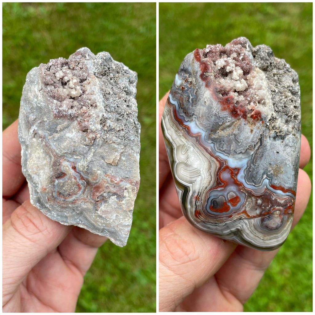 StoneBorn Creations Hand-Polished Curved Lace Agate Freeform with Natural Druzy Quartz Pocket and Fortification Banding
