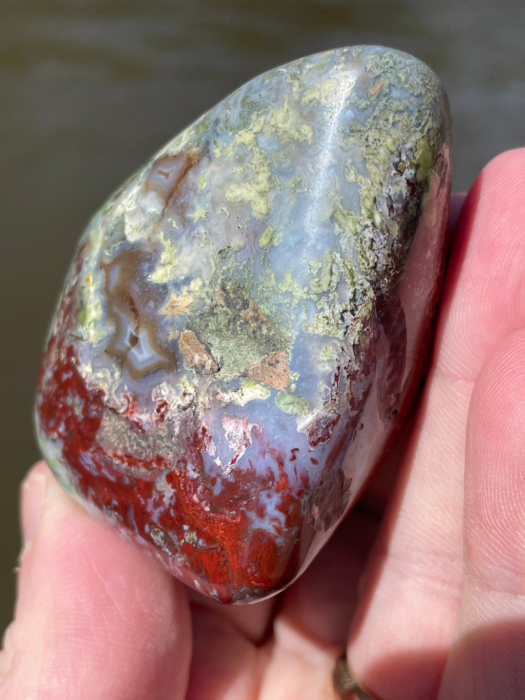 StoneBorn Creations Hand-Polished Lace Agate with Crimson Plumes, Moss Green Inclusions & Natural Freeform Finish