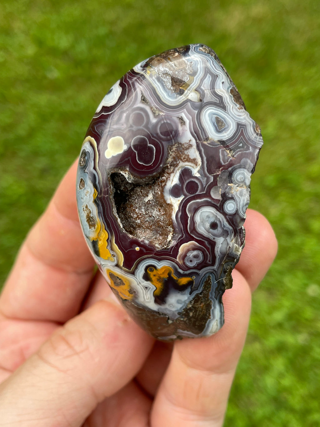 StoneBorn Creations Hand-Polished Lace Agate Freeform with Natural Druzy Quartz Pocket & Orbicular Banding