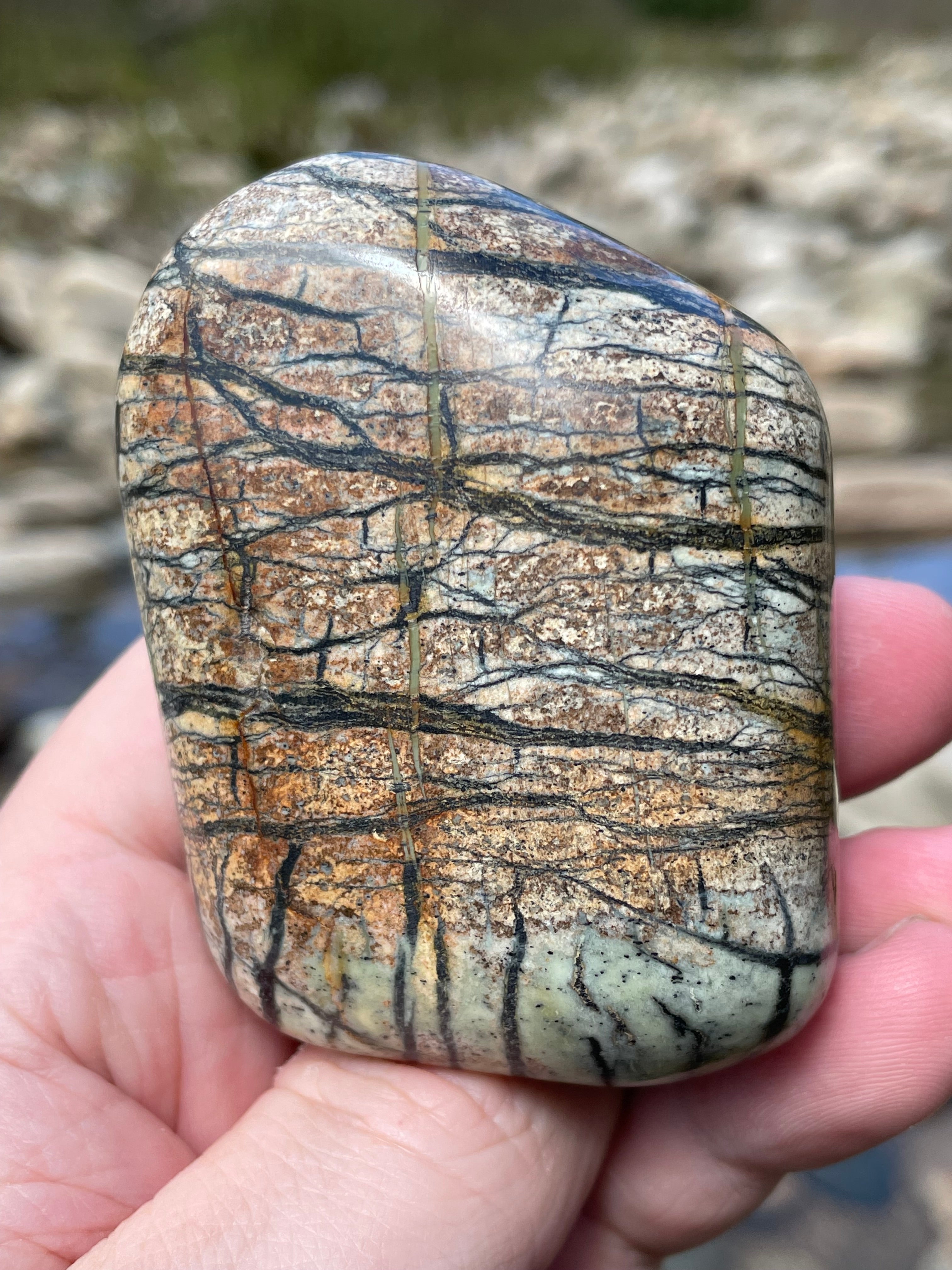 StoneBorn Creations Hand-Polished River Stone Freeform with Natural Black Webbing Patterns and Earthy Veining