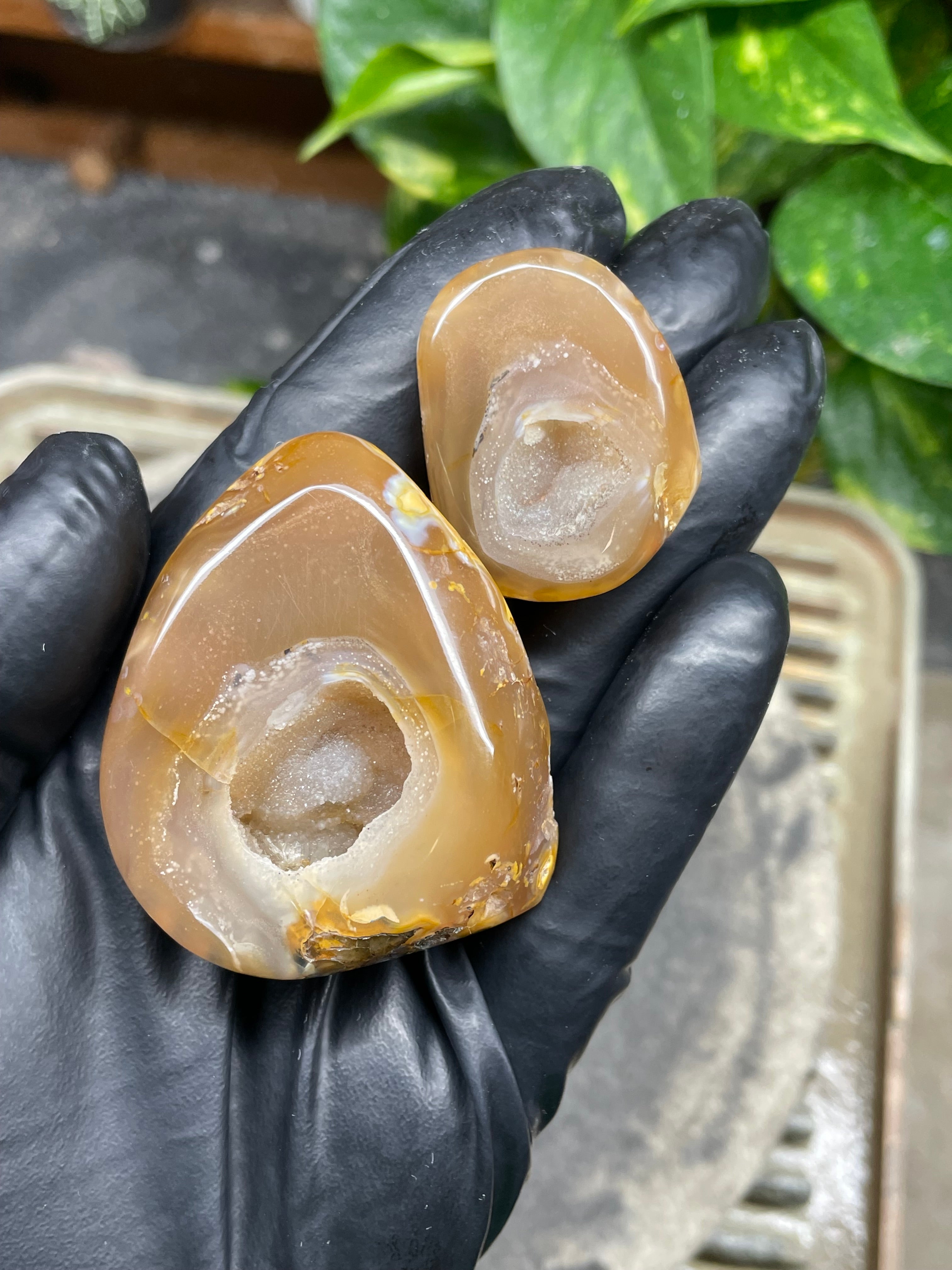 StoneBorn Creations Hand-Polished Banded Agate Pair with Druzy Crystal Centers – Rounded Freeform Stream Stone Halves