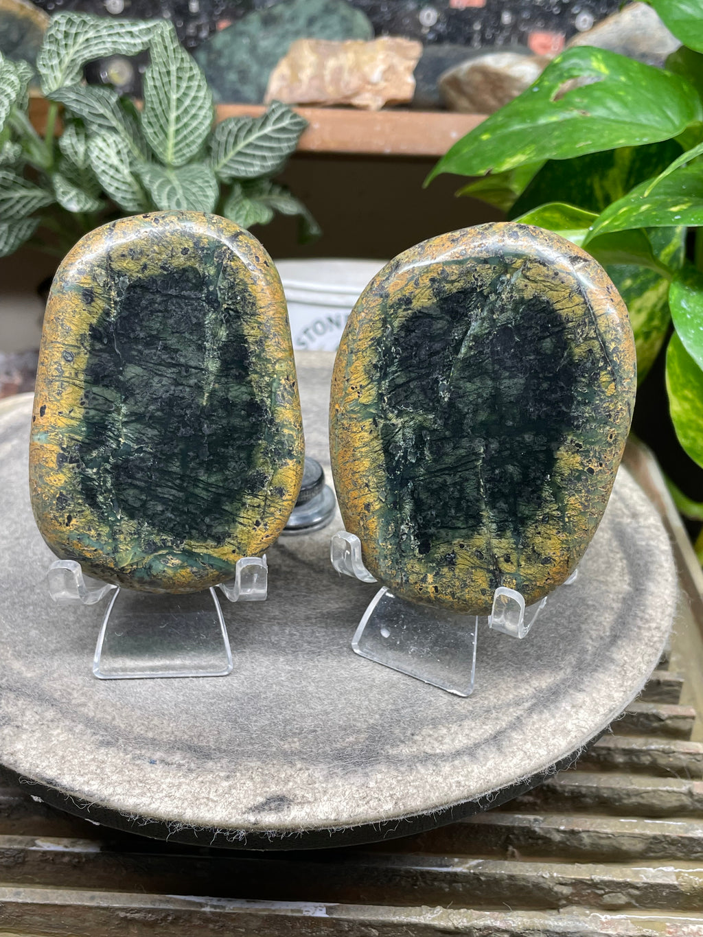 StoneBorn Creations Hand-Polished Vermont River Stone Pair – Rounded Freeform Halves with Natural Raw Backs & Deep Green Interior Patterns