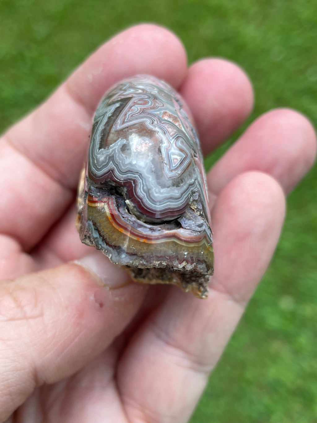 StoneBorn Creations Hand-Polished Custom Shaped Lace Agate Freeform with Natural Druzy Quartz, Orbicular Eyes & Fortification Banding