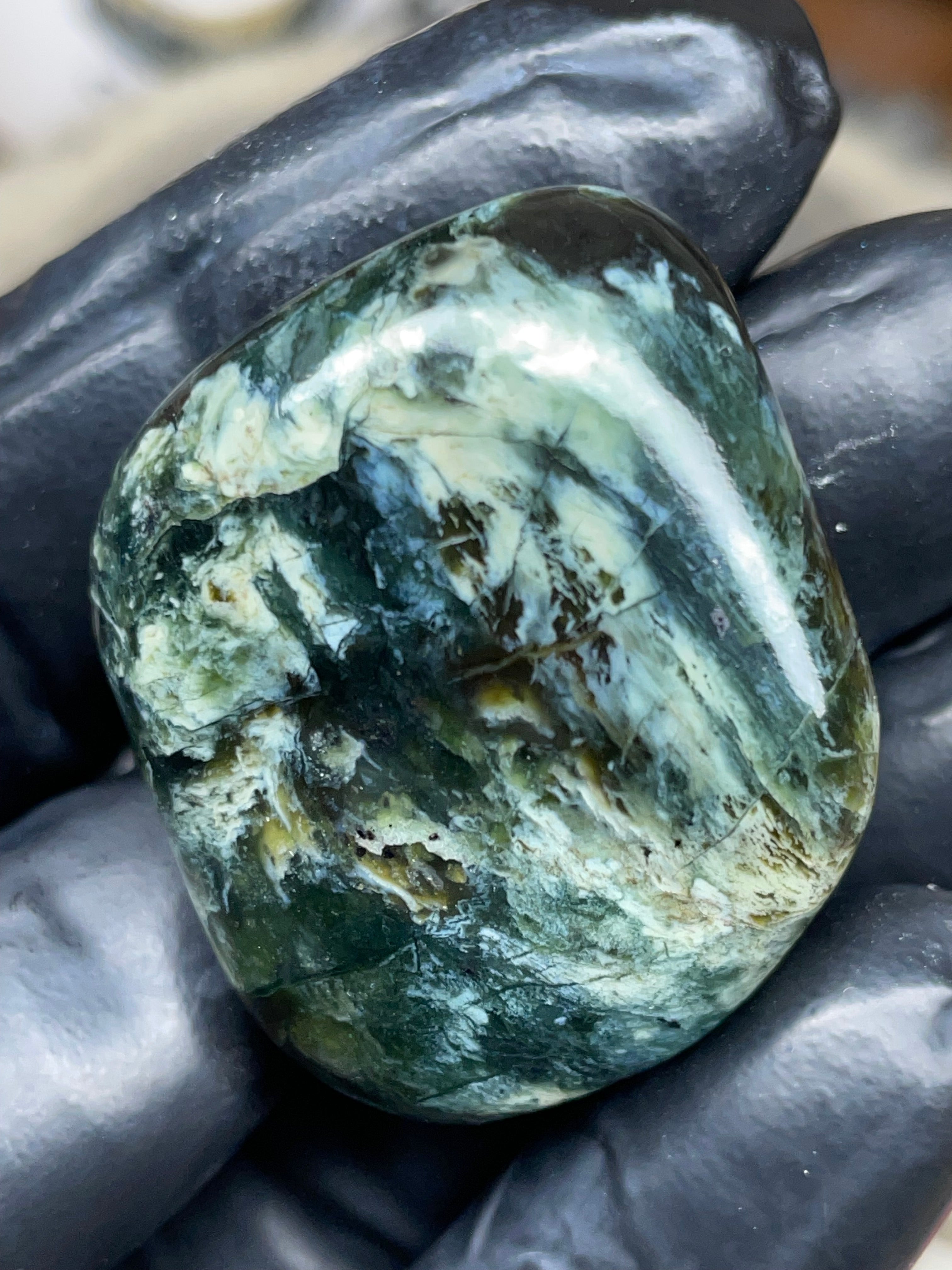 StoneBorn Creations Hand-Polished Vermont Serpentine – Deep Green Natural Patterns – One-of-a-Kind Display Stone