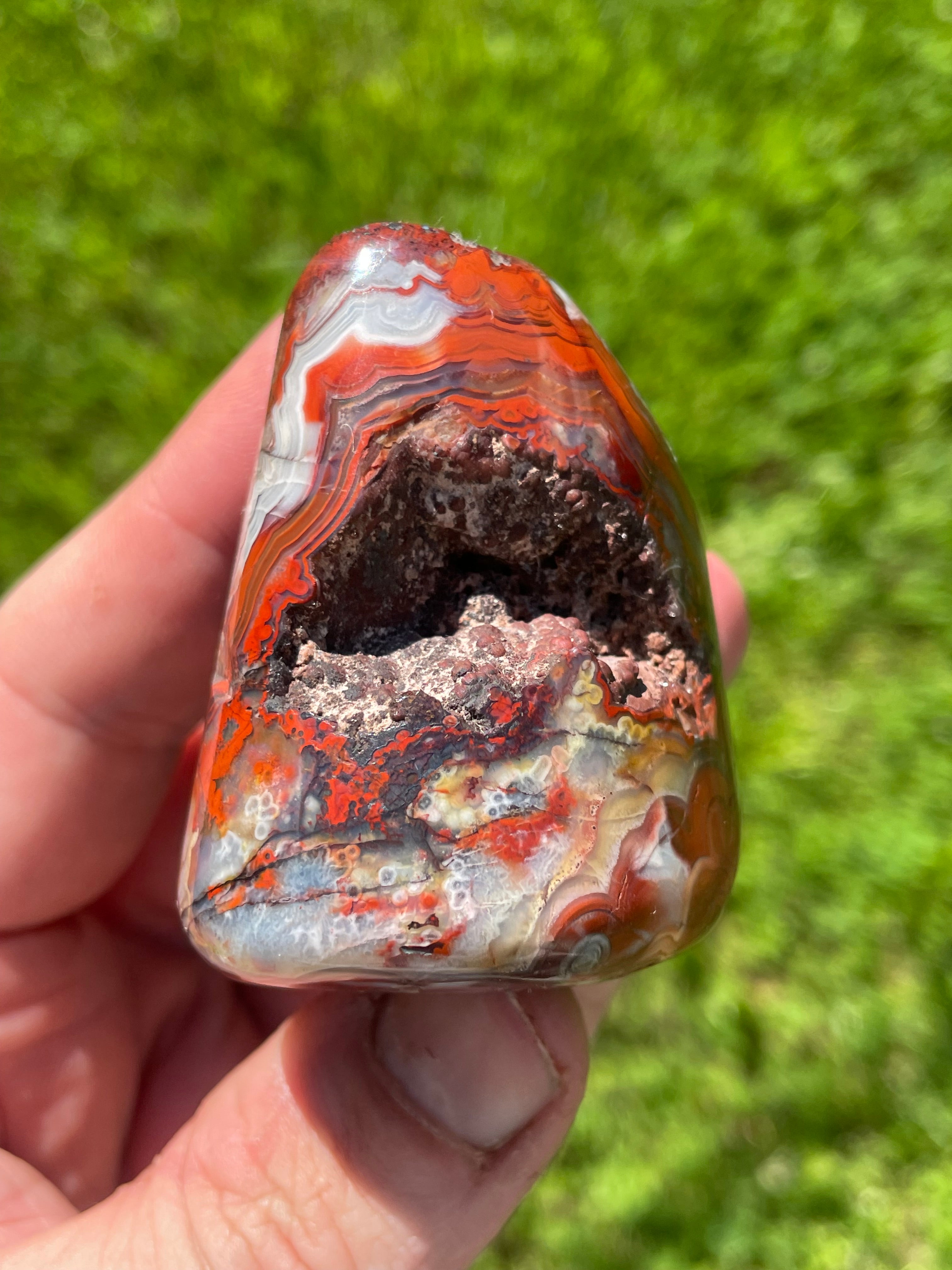 StoneBorn Creations Hand-Polished Lace Agate Freeform with Crimson Fortification Banding, Natural Druzy Pocket, and Preserved Volcanic Matrix