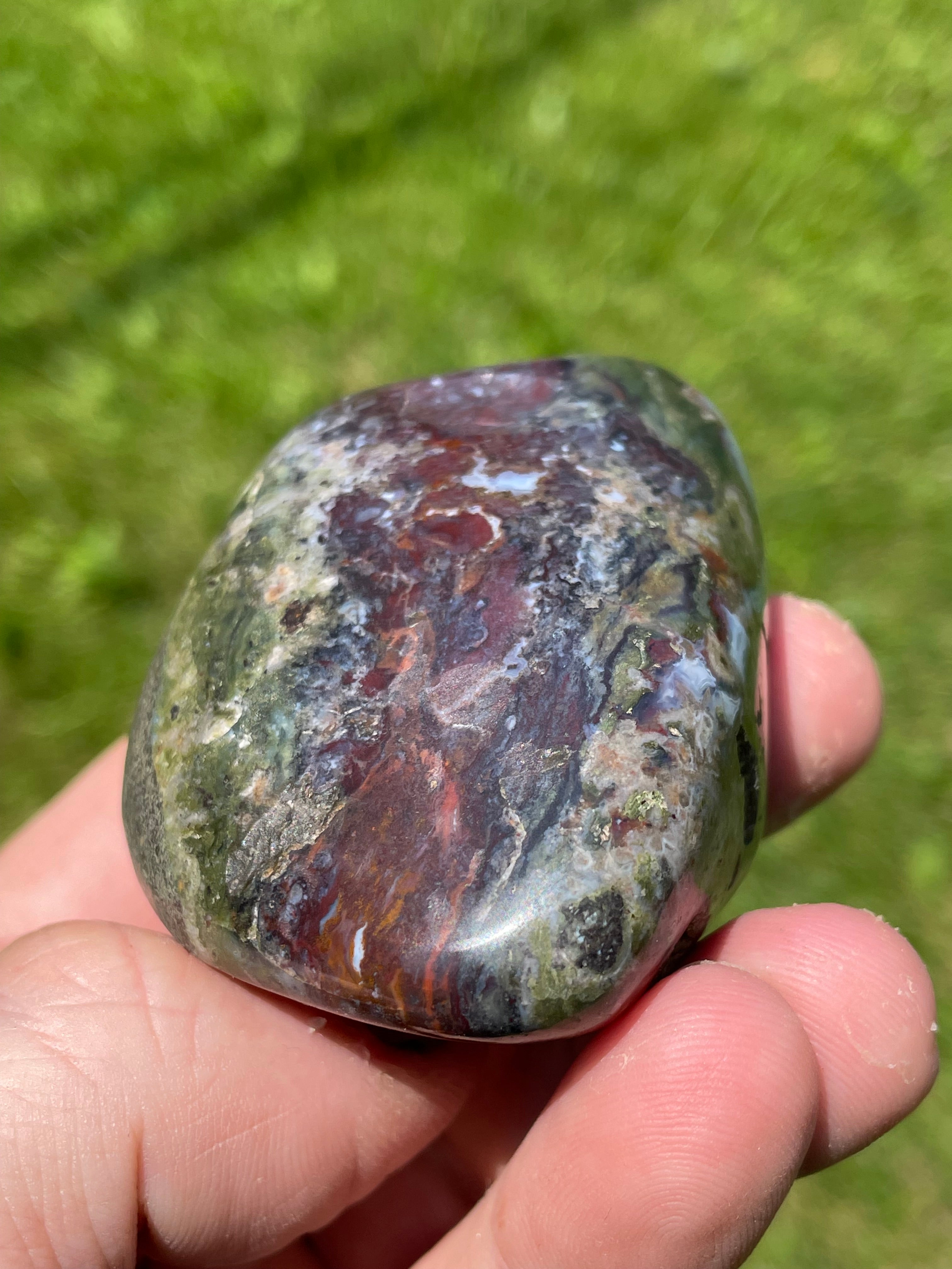 StoneBorn Creations Hand-Polished Green Serpentine & Red Jasper Freeform with Blue Chalcedony Pockets