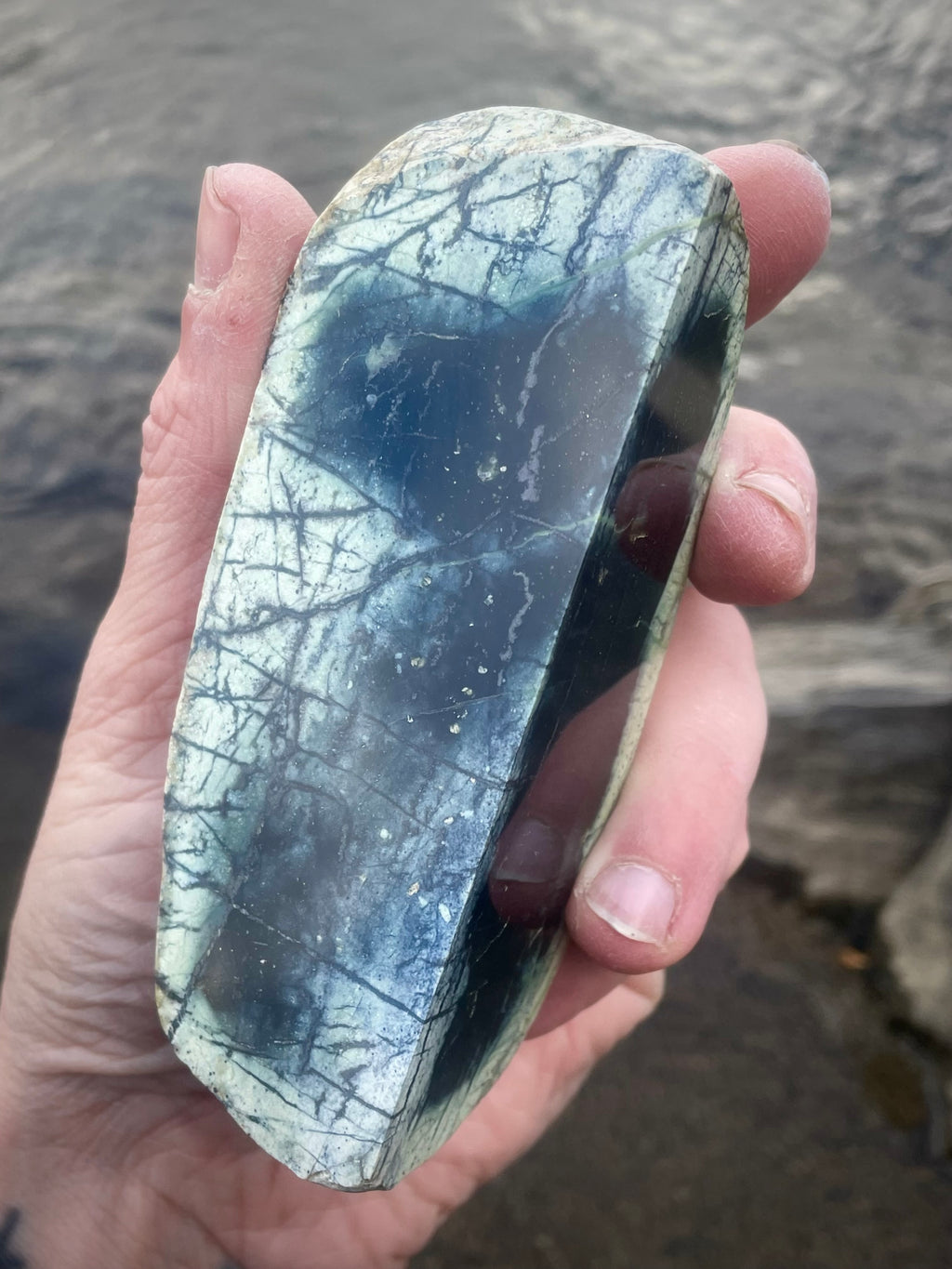 🌲 Polished Vermont Greenstone Slab – Deep Glacier-Blue Veins (Double-Sided Polish)