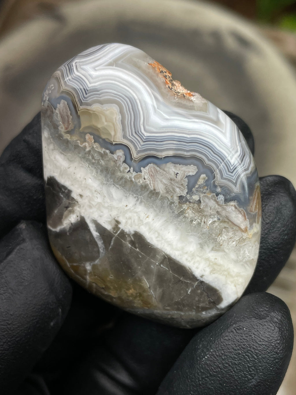 StoneBorn Creations Hand-Polished Banded Agate Freeform Display Stone | Natural Fortification Lines & Raw Crystal Texture