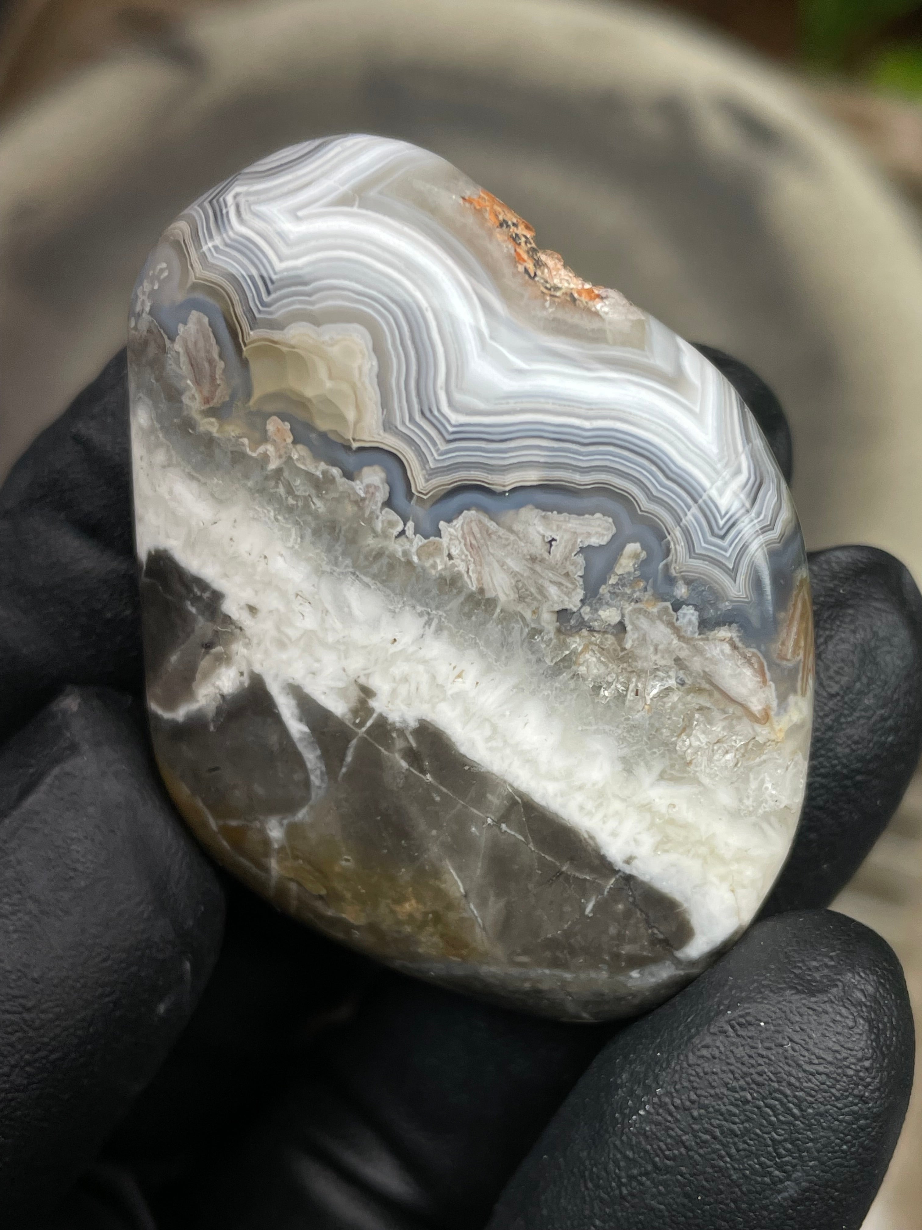 StoneBorn Creations Hand-Polished Banded Agate Freeform Display Stone | Natural Fortification Lines & Raw Crystal Texture