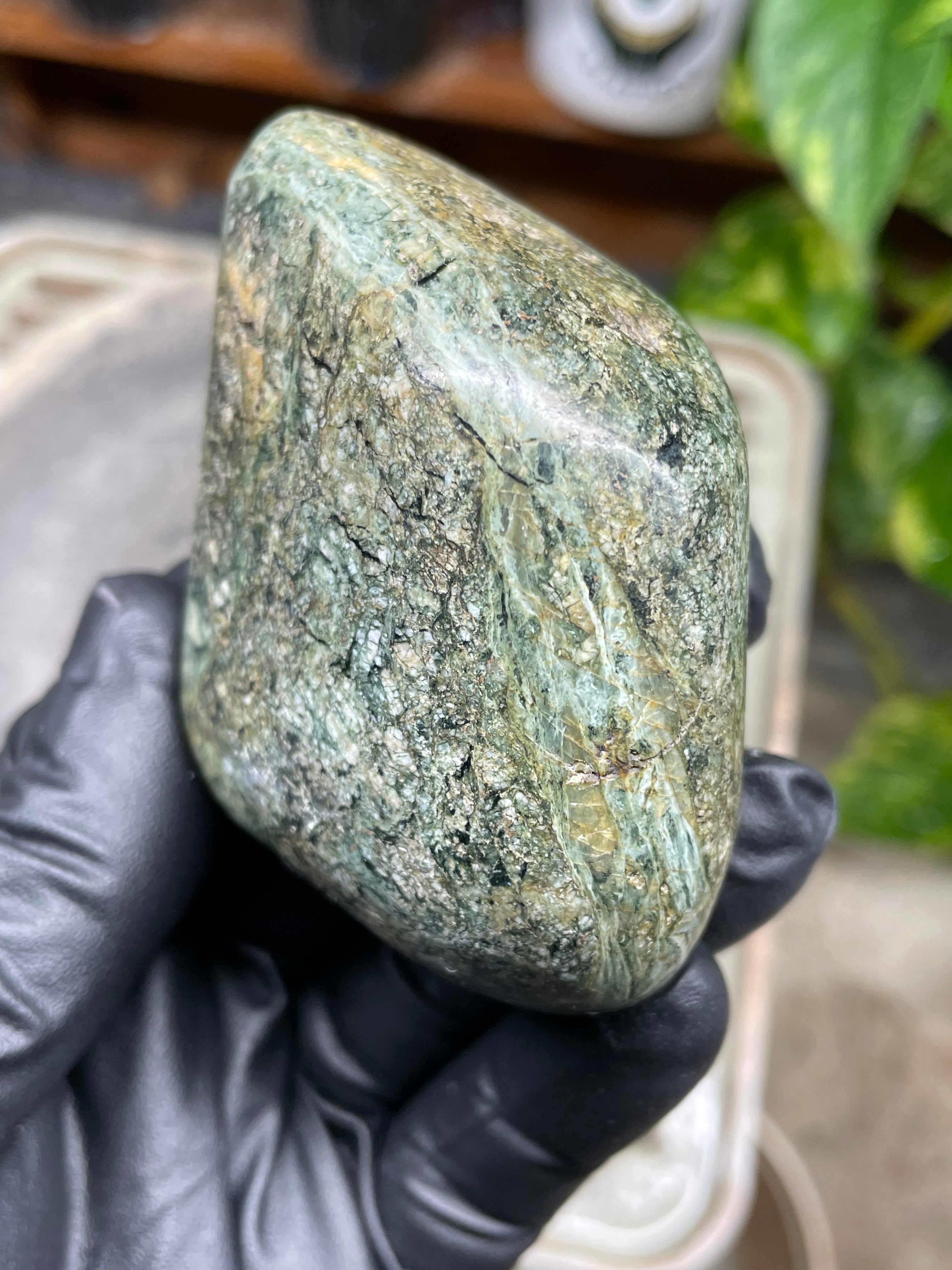 StoneBorn Creations Hand-Polished Vermont River Stone Freeform | Natural Green Mineral Texture Display Stone