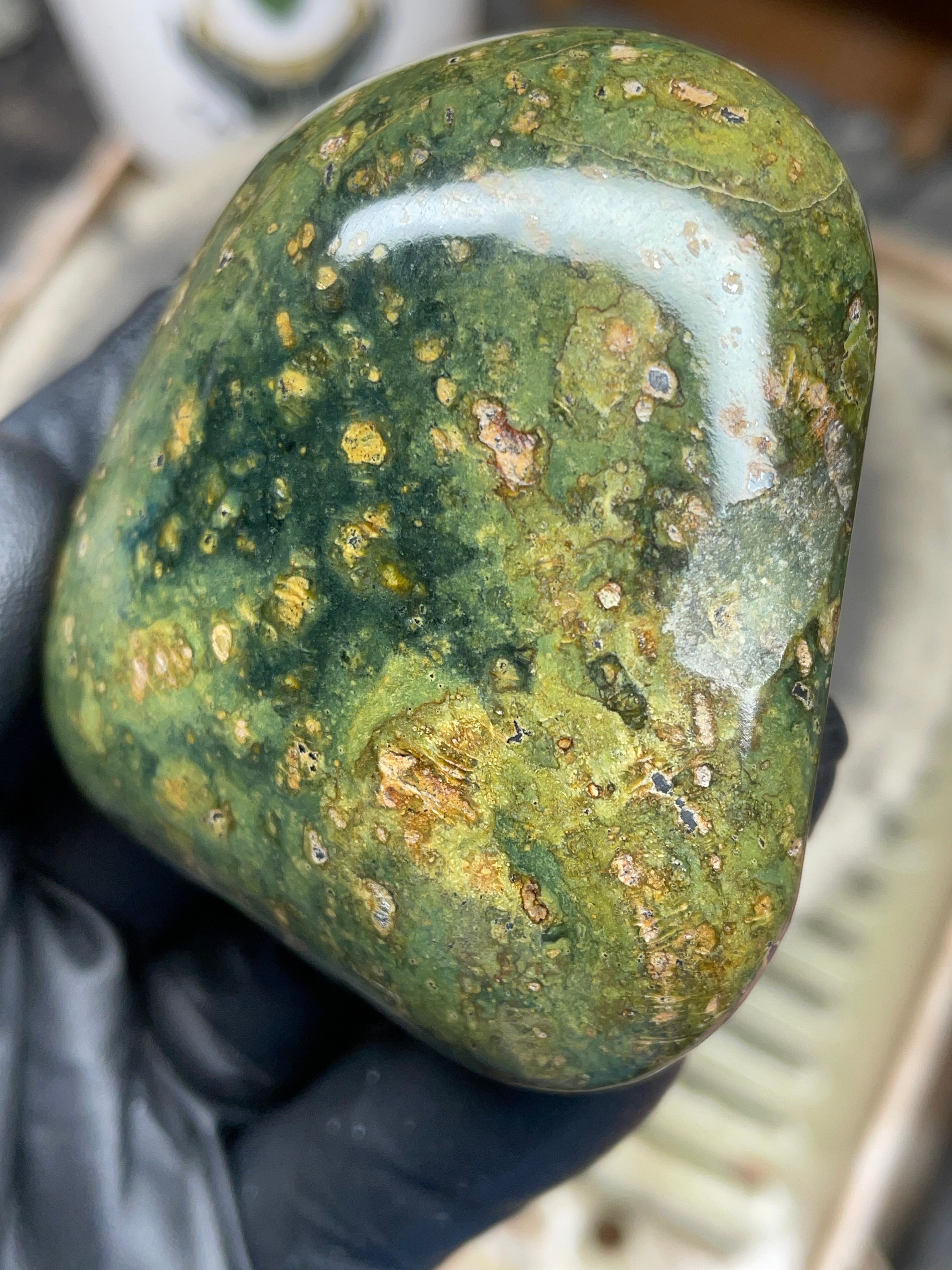 StoneBorn Creations – Hand-Polished Vermont Serpentine | Natural Green Stone with Golden Inclusions | One-of-a-Kind Display Piece