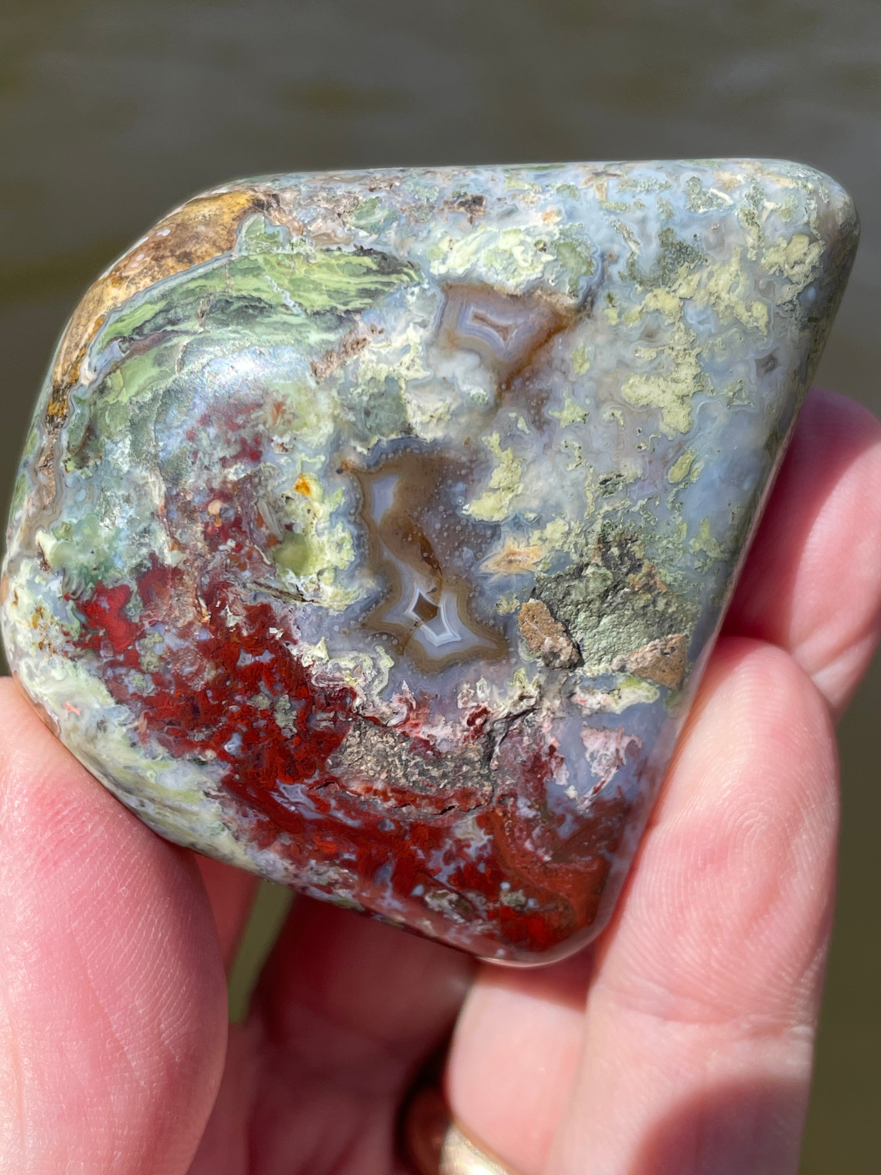 StoneBorn Creations Hand-Polished Lace Agate with Crimson Plumes, Moss Green Inclusions & Natural Freeform Finish