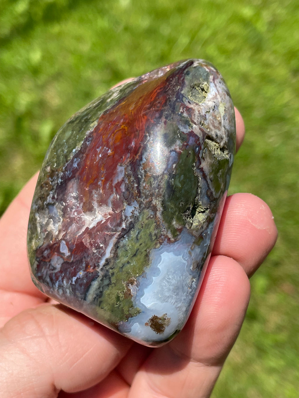 StoneBorn Creations Hand-Polished Green Serpentine & Red Jasper Freeform with Blue Chalcedony Pockets