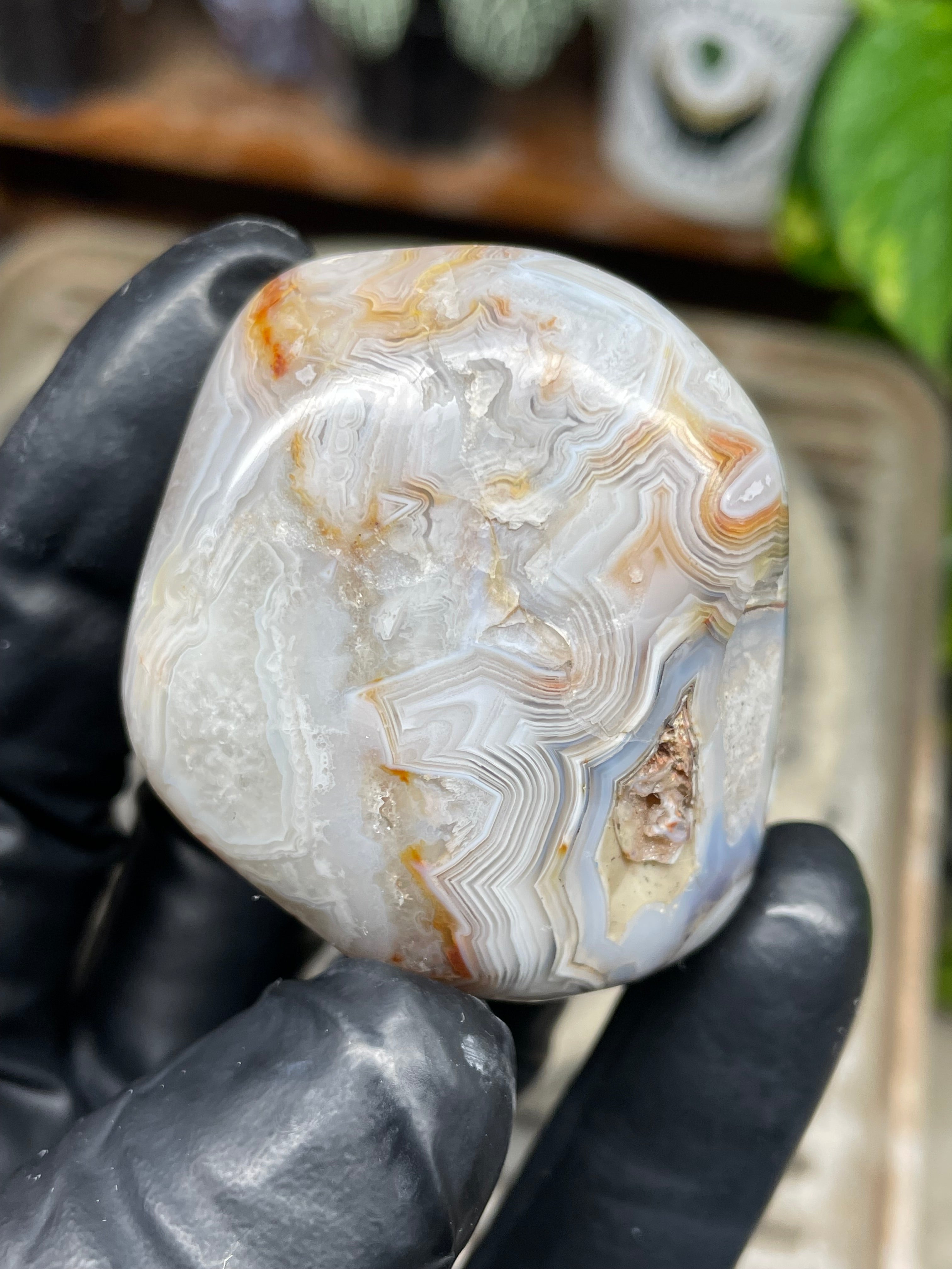 StoneBorn Creations Hand Polished Banded Agate Freeform – Natural Lace Patterns, Raw Base with Fully Shaped Top Display Stone