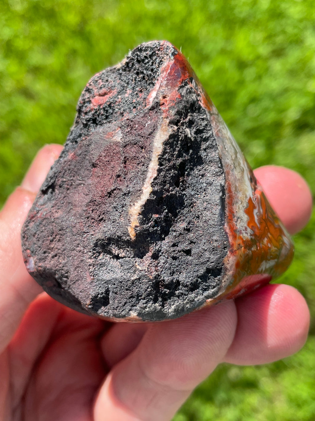 StoneBorn Creations Hand-Polished Lace Agate Freeform with Crimson Fortification Banding, Natural Druzy Pocket, and Preserved Volcanic Matrix