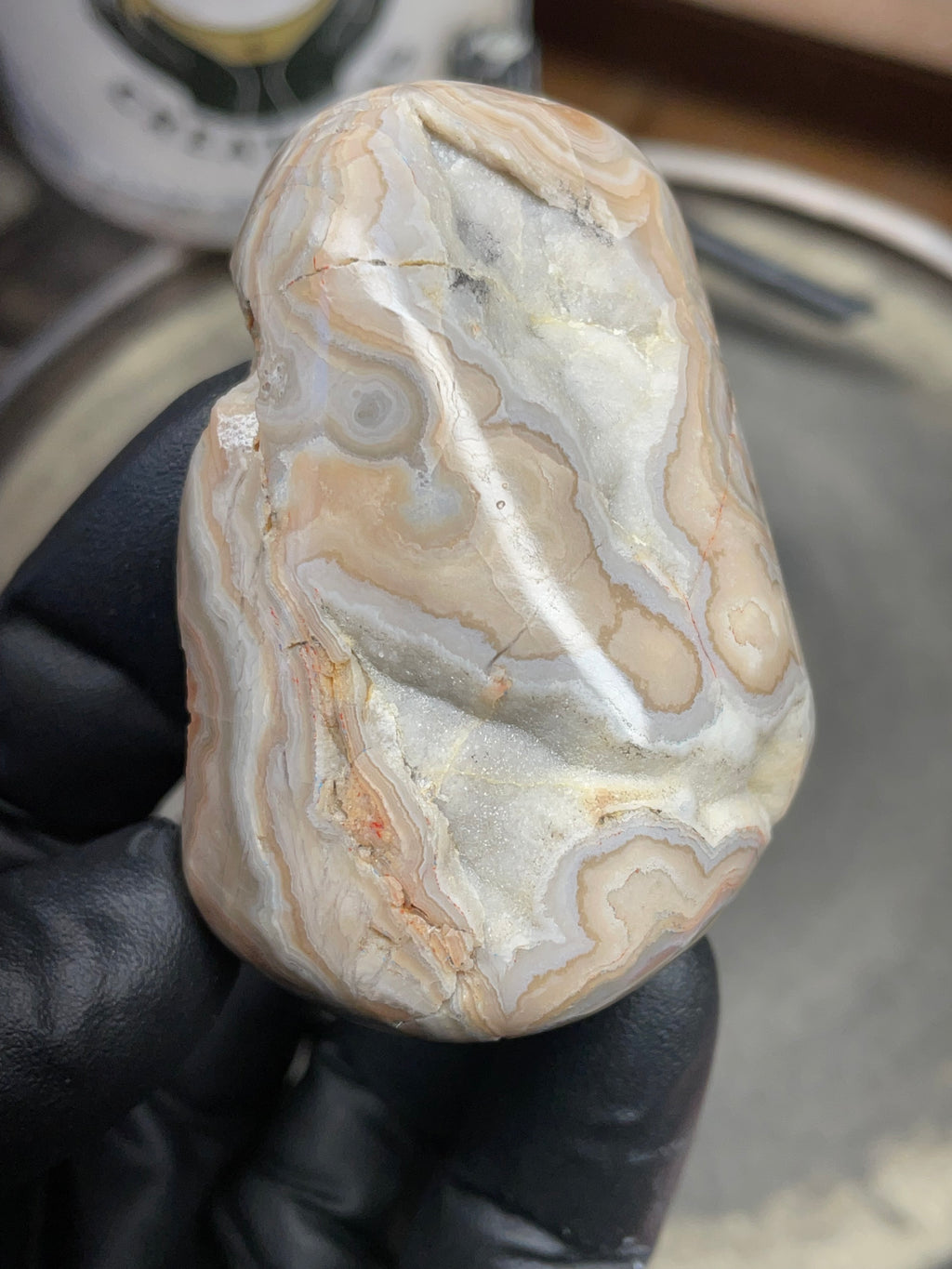 StoneBorn Creations – Hand Polished Georgia Lace Agate with Natural Druzy Crystal Pocket | One-of-a-Kind Display Stone