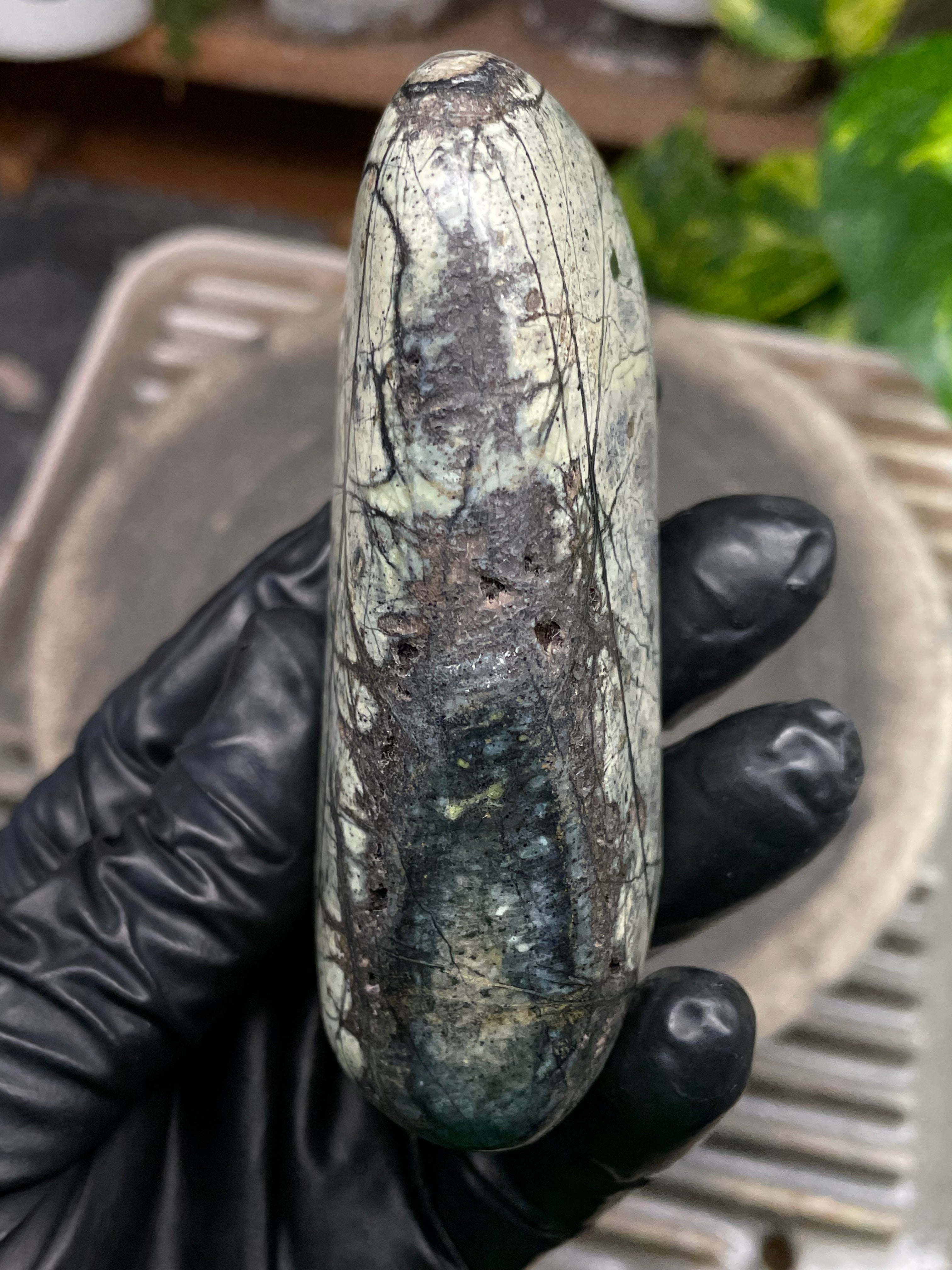 StoneBorn Creations Hand-Polished Vermont Serpentine with Spiderweb Veining, Soft Ivory Green Tones, and Natural Earth Markings