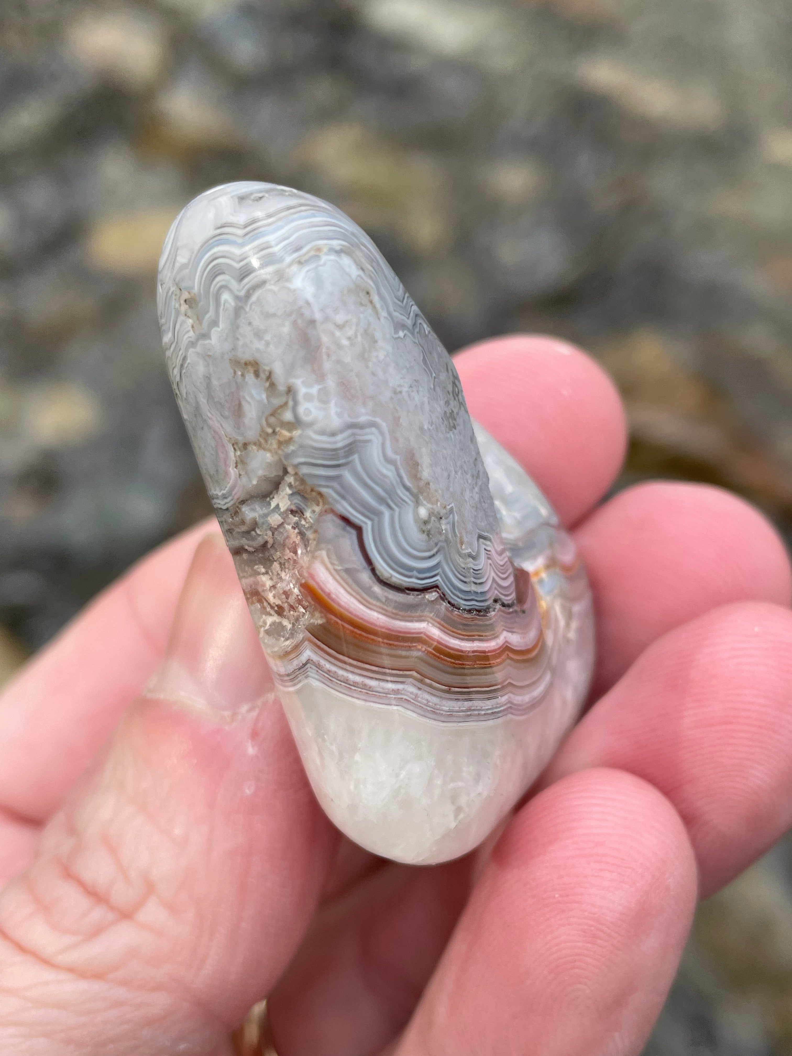 StoneBorn Creations Hand-Polished Banded Agate with Soft Grey Lace Layers, Subtle Earth Tones & Natural Quartz Base – Freeform Finish