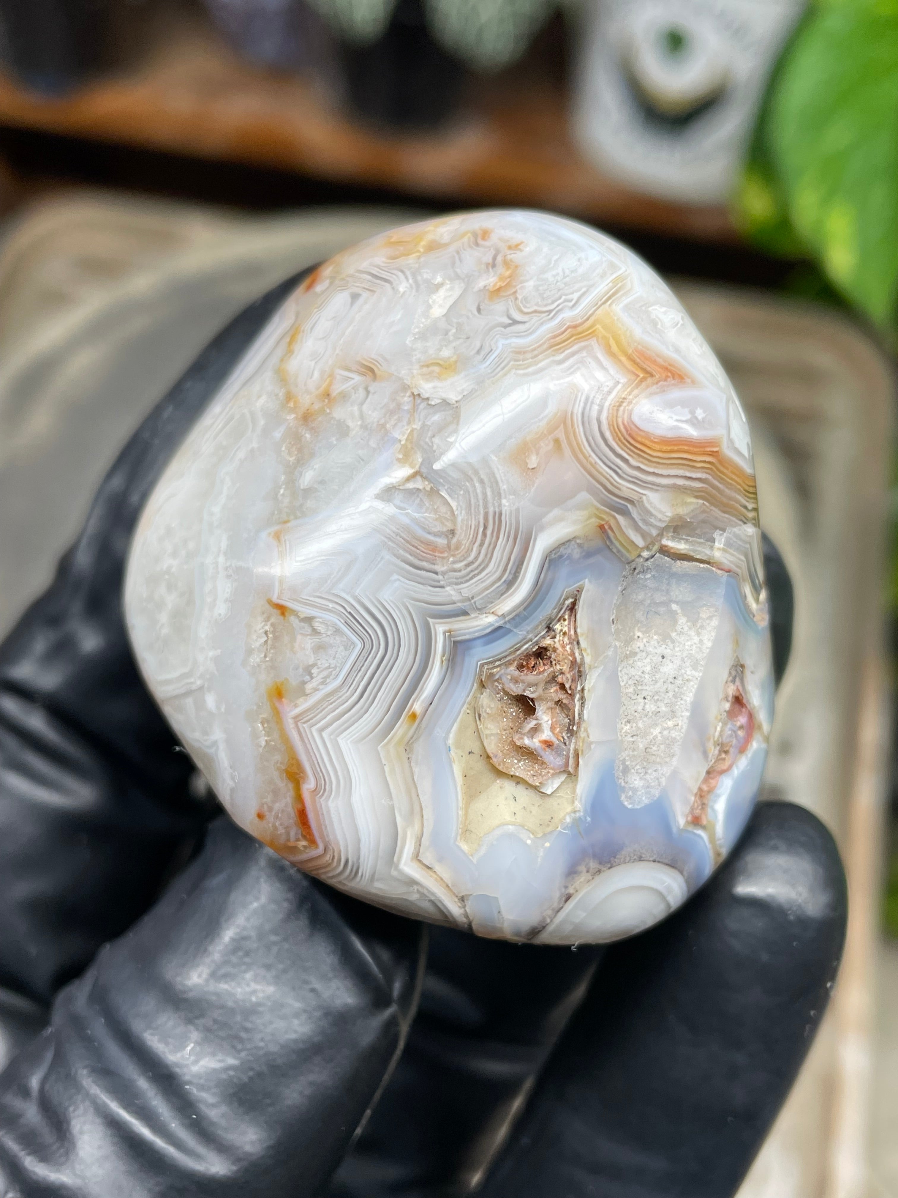 StoneBorn Creations Hand Polished Banded Agate Freeform – Natural Lace Patterns, Raw Base with Fully Shaped Top Display Stone