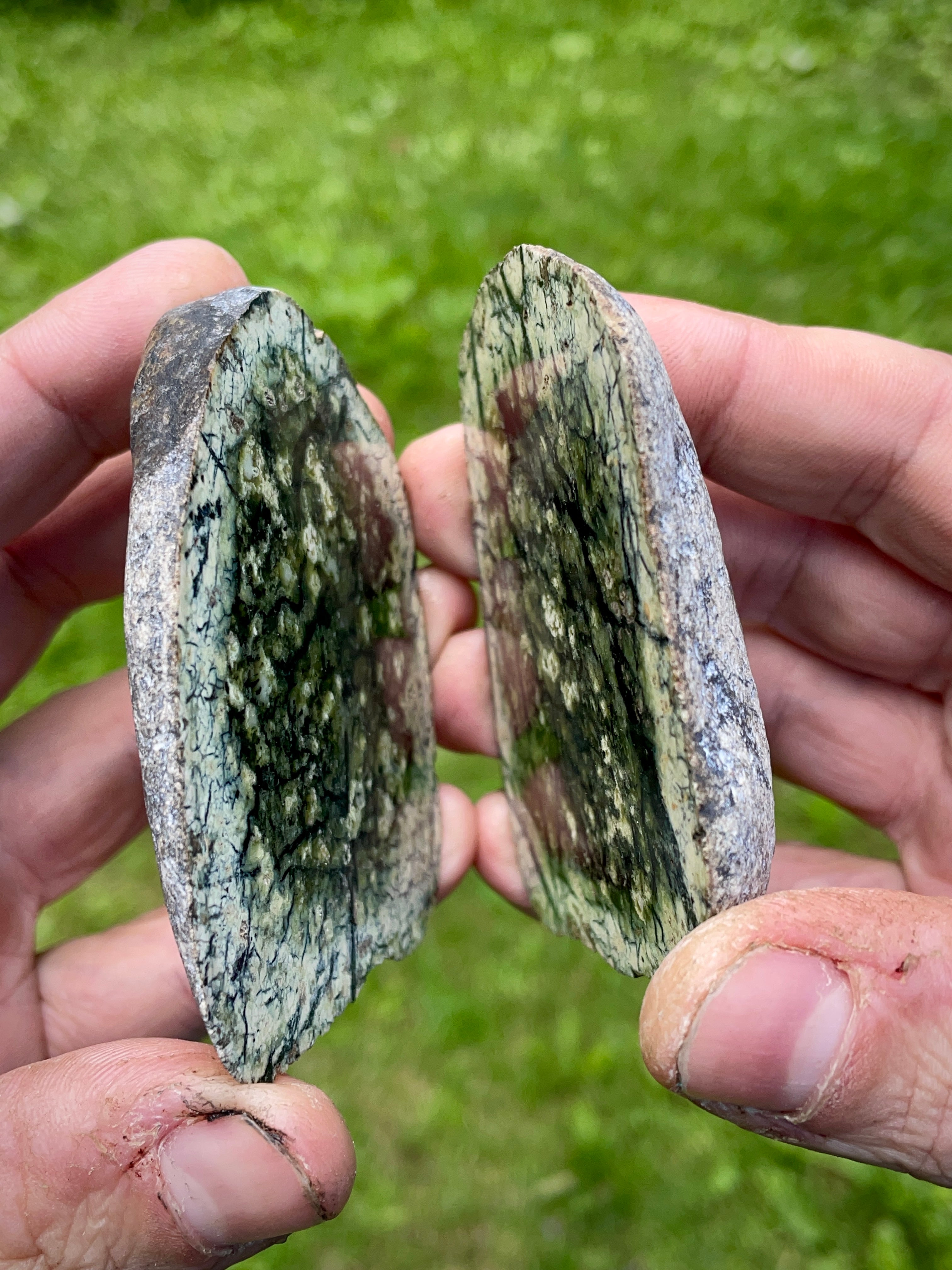 StoneBorn Creations | Hand-Polished Vermont Serpentine Bookmatched Pair | One-of-a-Kind Natural Display Stones