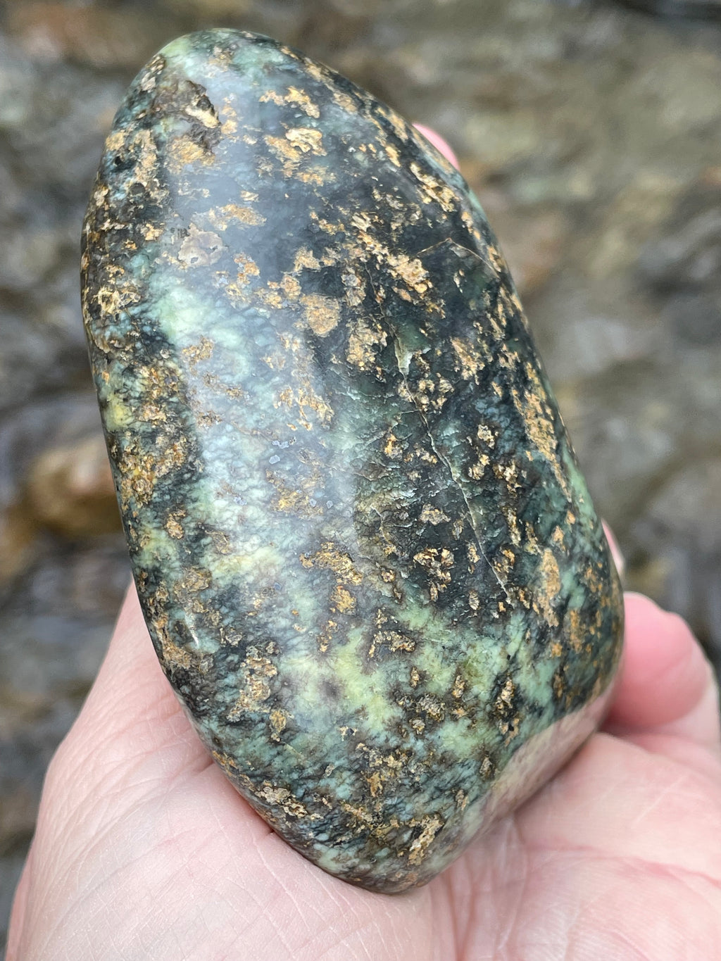 StoneBorn Creations Hand-Polished Vermont Serpentine with Golden Flecking Deep Forest Greens Full 360 Finish