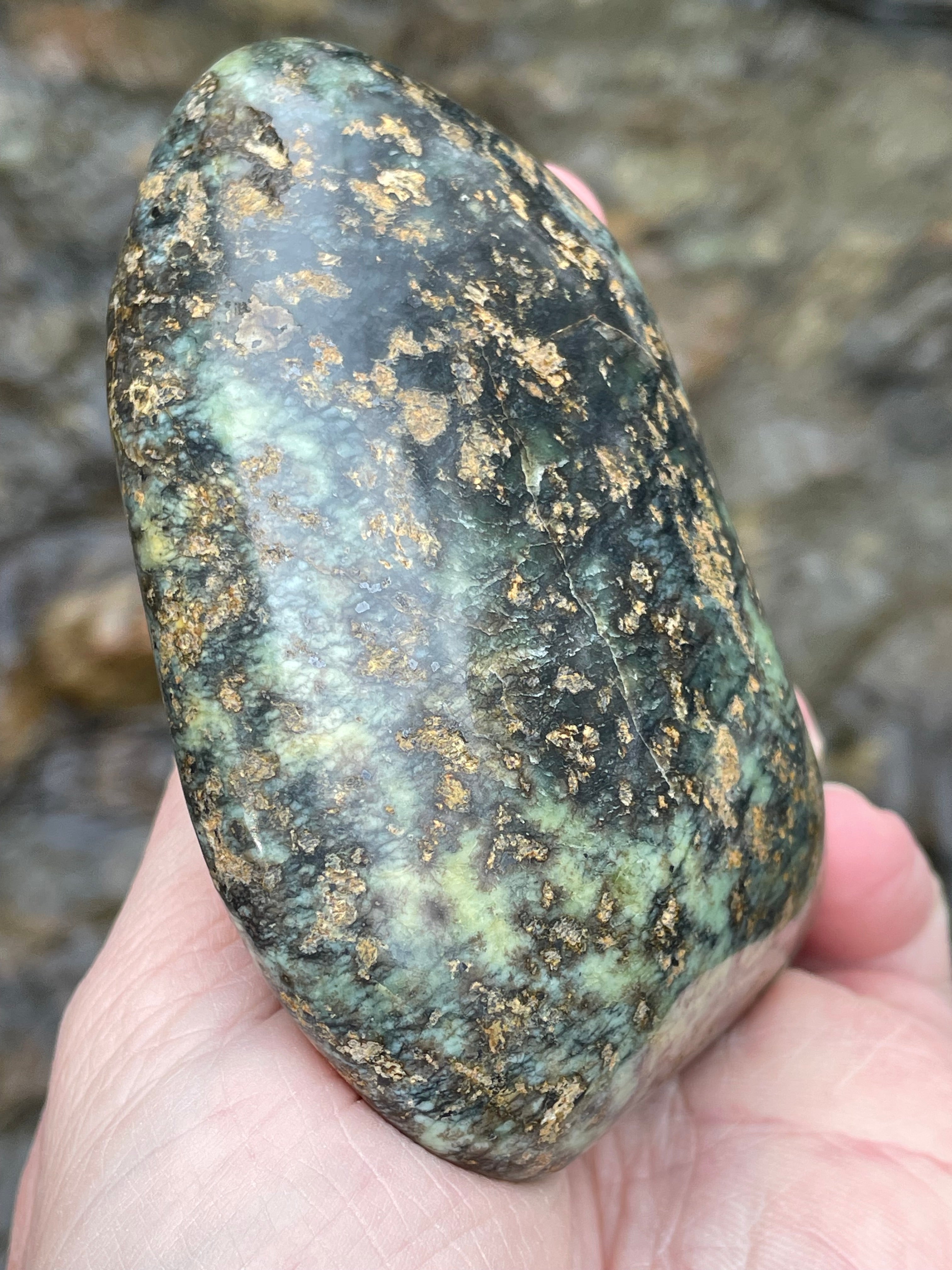 StoneBorn Creations Hand-Polished Vermont Serpentine with Golden Flecking Deep Forest Greens Full 360 Finish