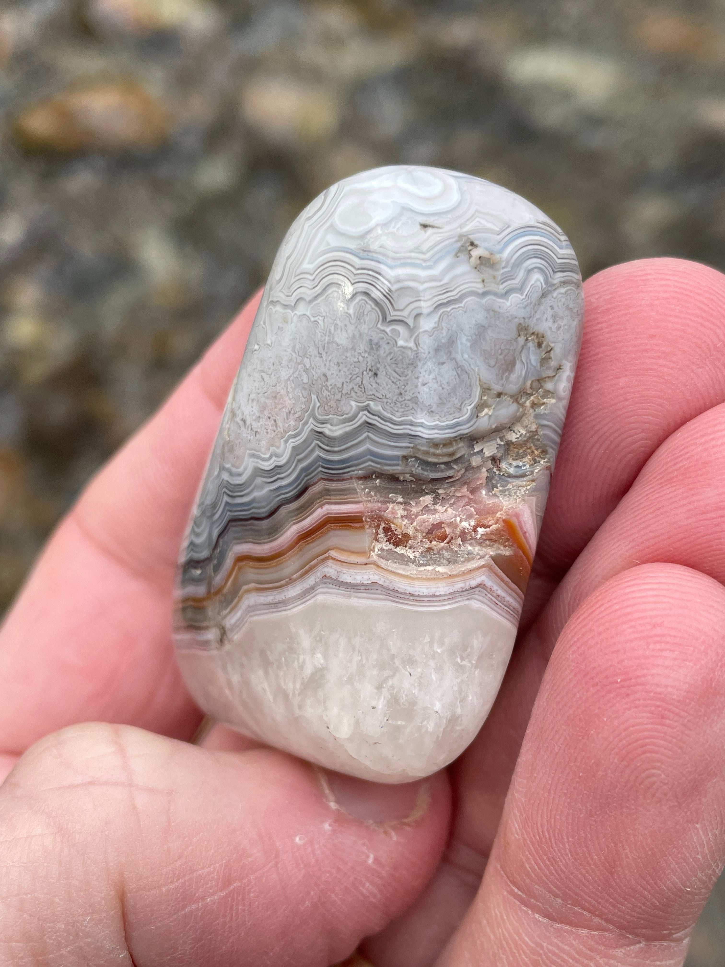 StoneBorn Creations Hand-Polished Banded Agate with Soft Grey Lace Layers, Subtle Earth Tones & Natural Quartz Base – Freeform Finish