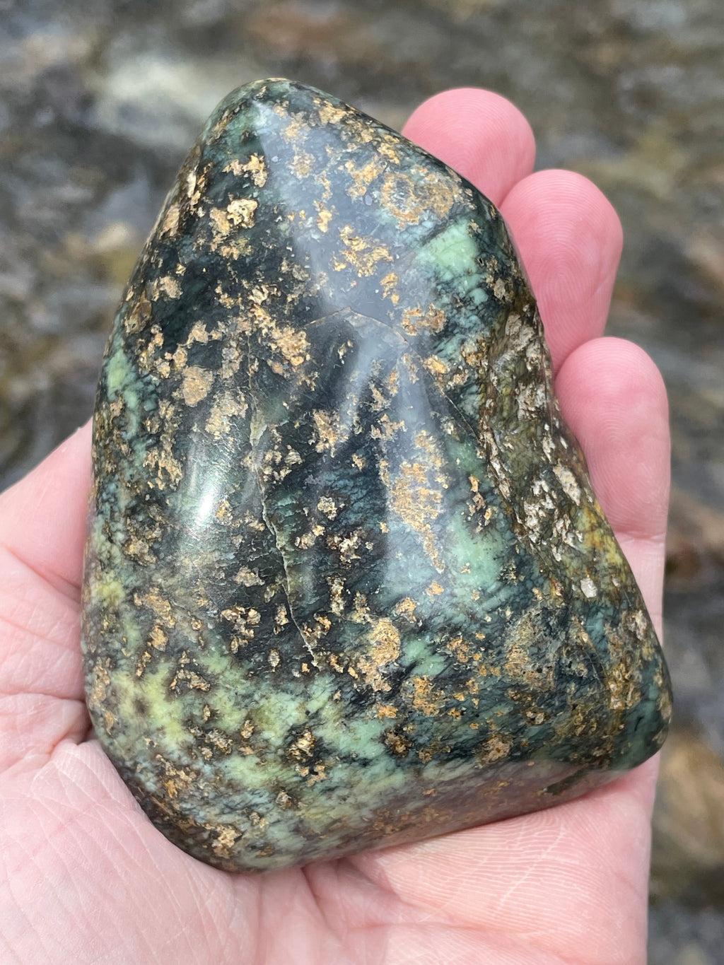 StoneBorn Creations Hand-Polished Vermont Serpentine with Golden Flecking Deep Forest Greens Full 360 Finish