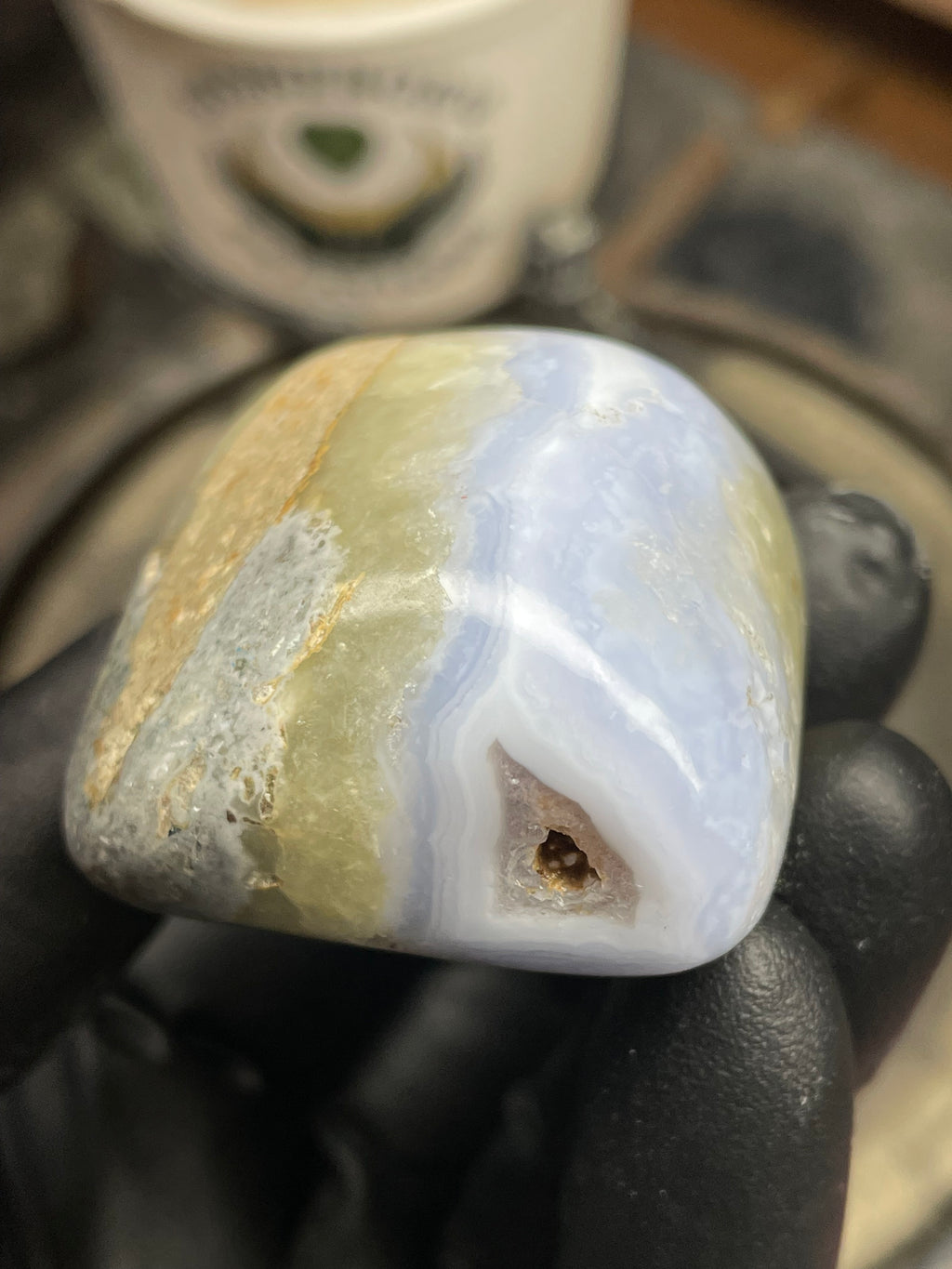 StoneBorn Creations Hand Polished Blue Chalcedony Agate with Natural Druzy Pocket