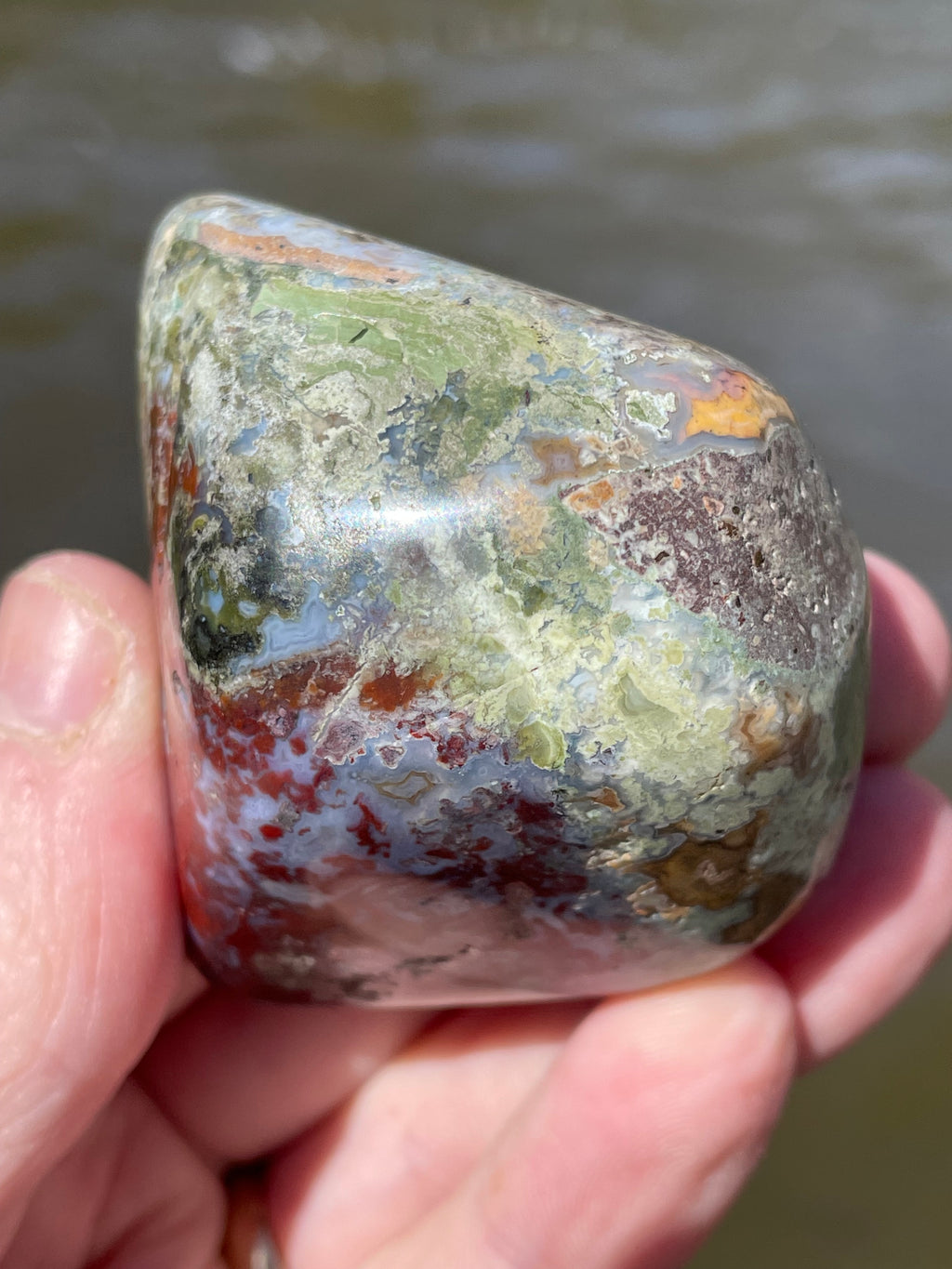 StoneBorn Creations Hand-Polished Lace Agate with Crimson Plumes, Moss Green Inclusions & Natural Freeform Finish