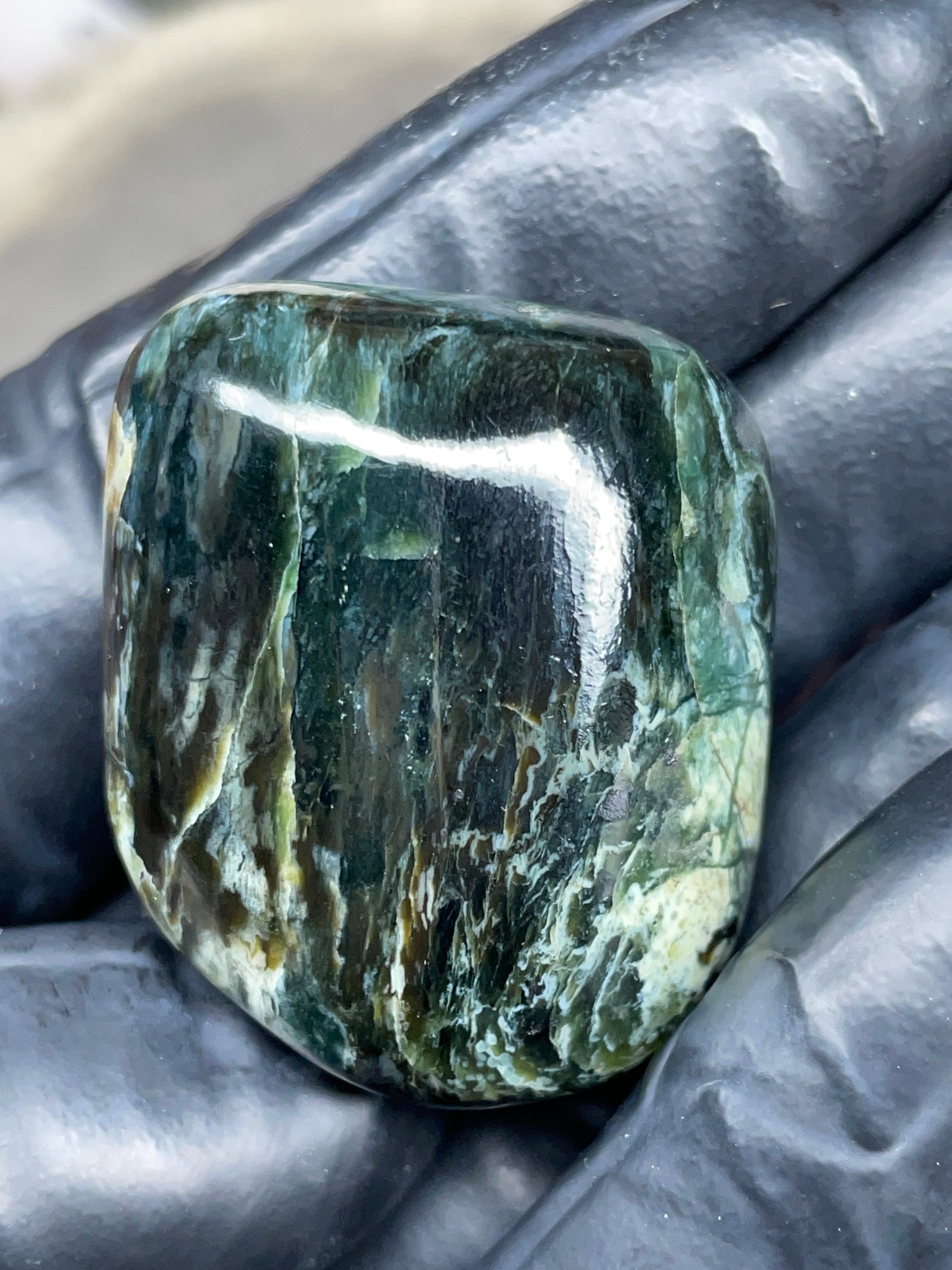 StoneBorn Creations Hand-Polished Vermont Serpentine – Deep Green Natural Patterns – One-of-a-Kind Display Stone