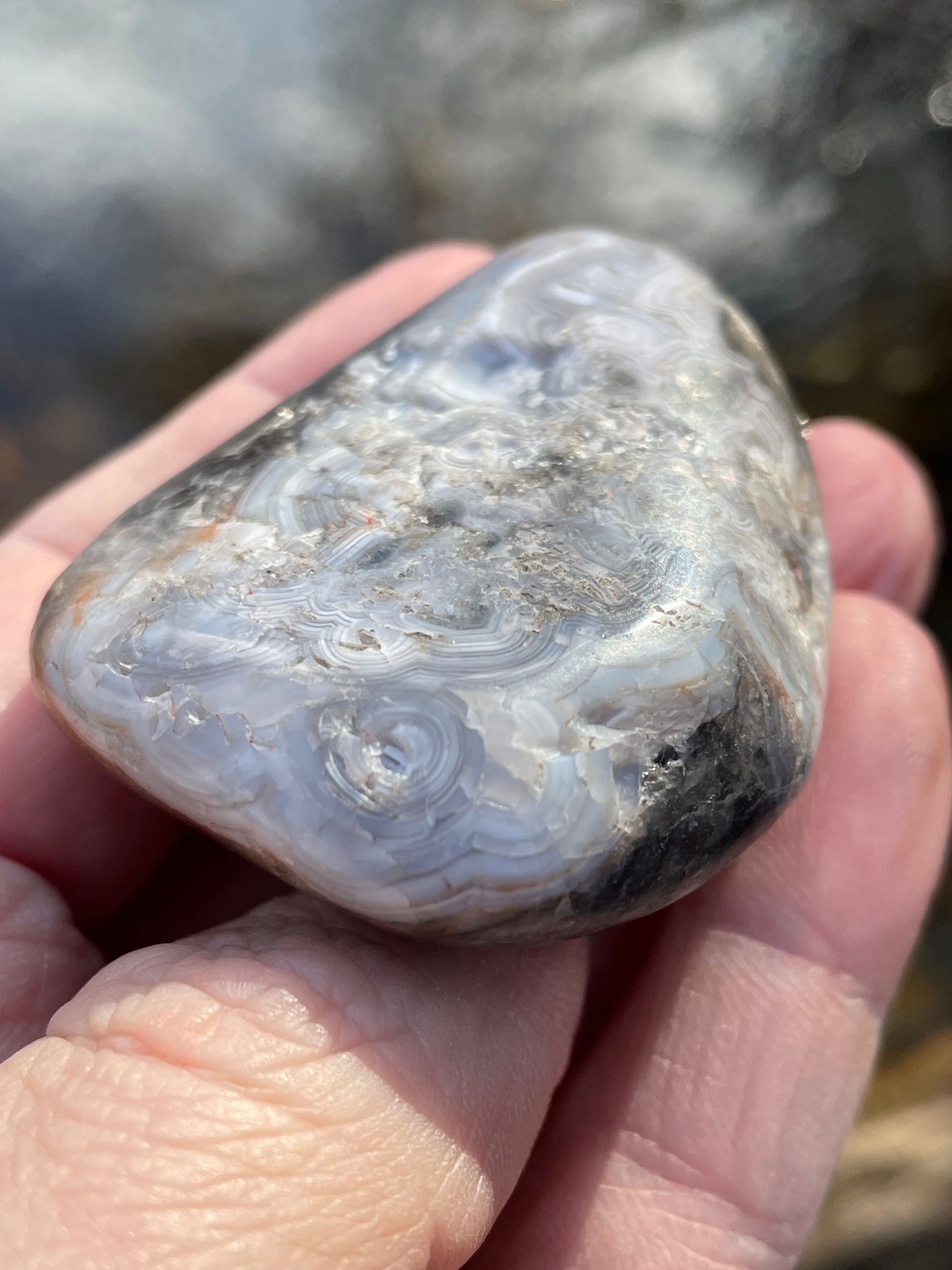StoneBorn Creations Hand-Polished Banded Agate with Soft Grey Lace Layers Natural Quartz Matrix Freeform Finish