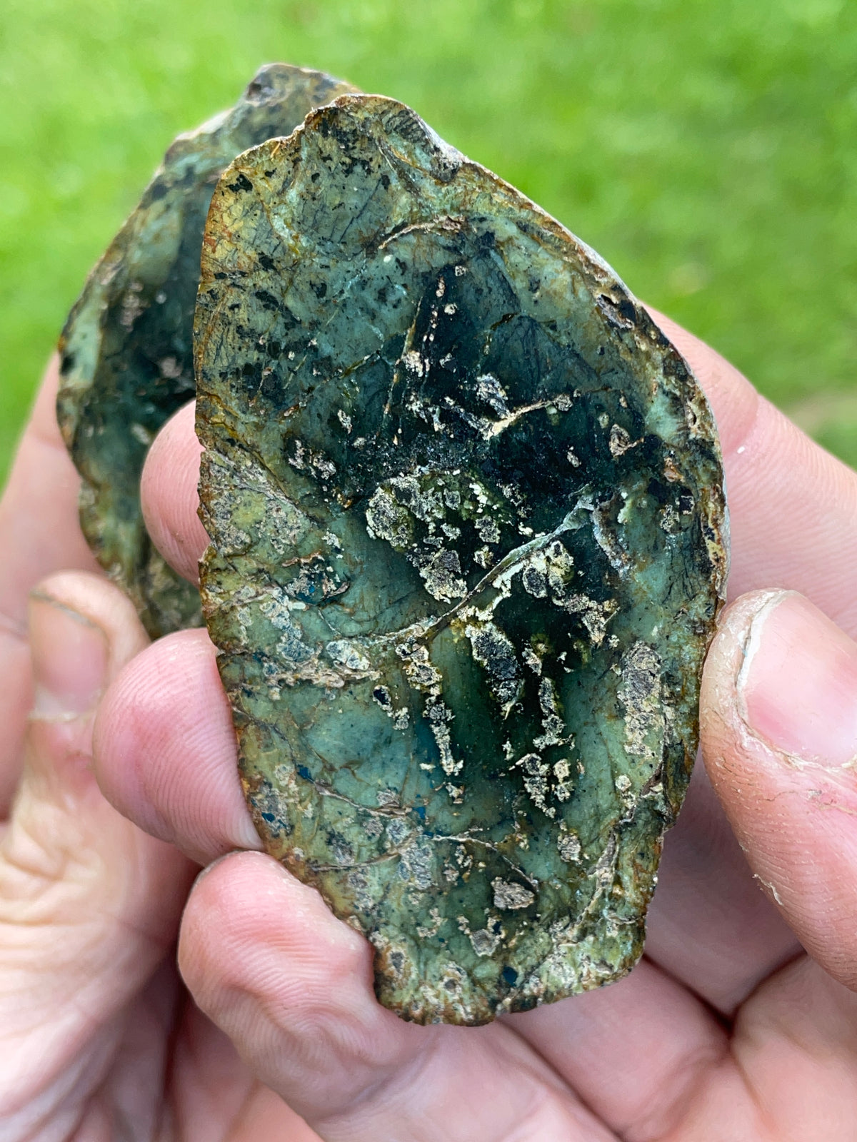 StoneBorn Creations Green Serpentine Matching Pair with Metallic Mineral Inclusions – Hand Polished