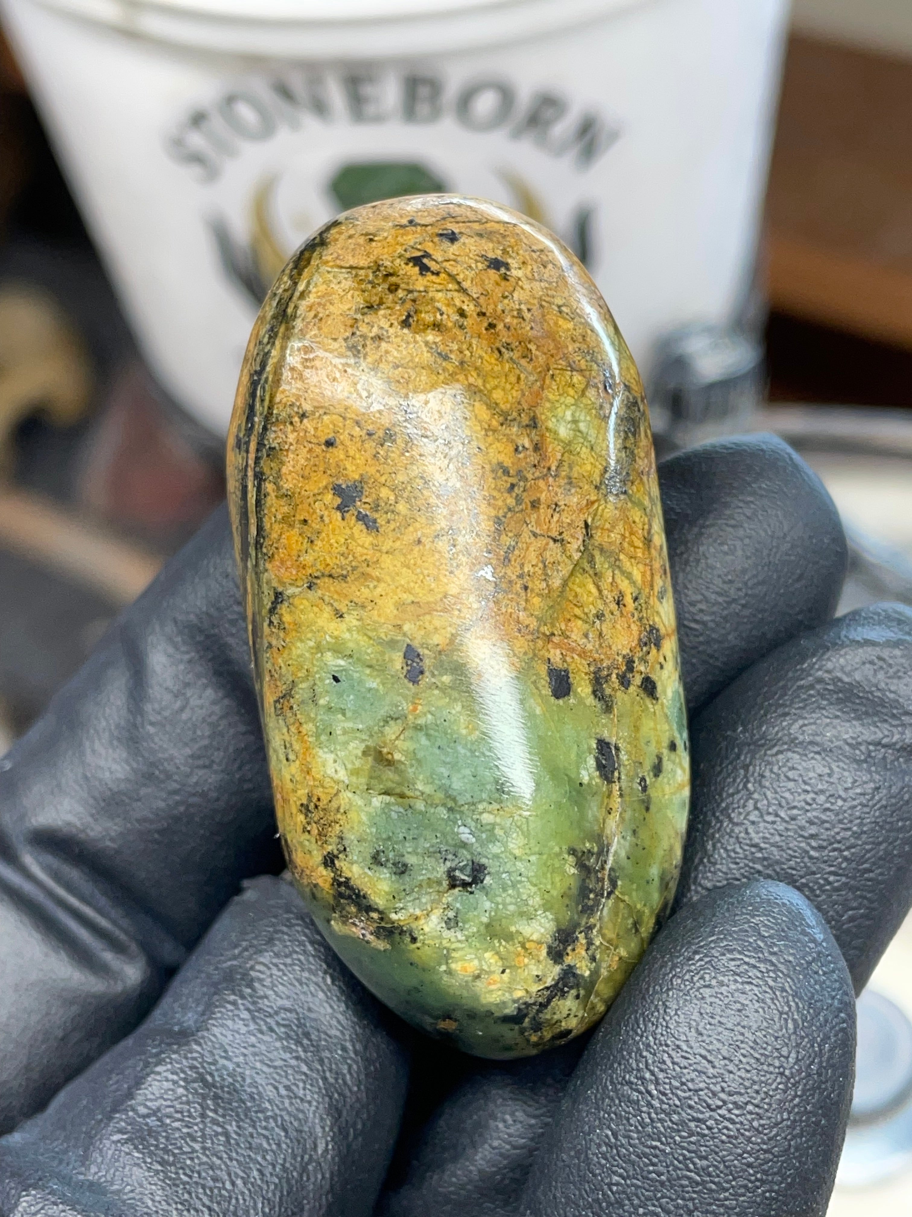 Hand Polished River-Found Serpentine Stone | Green & Gold Freeform | StoneBorn Creations