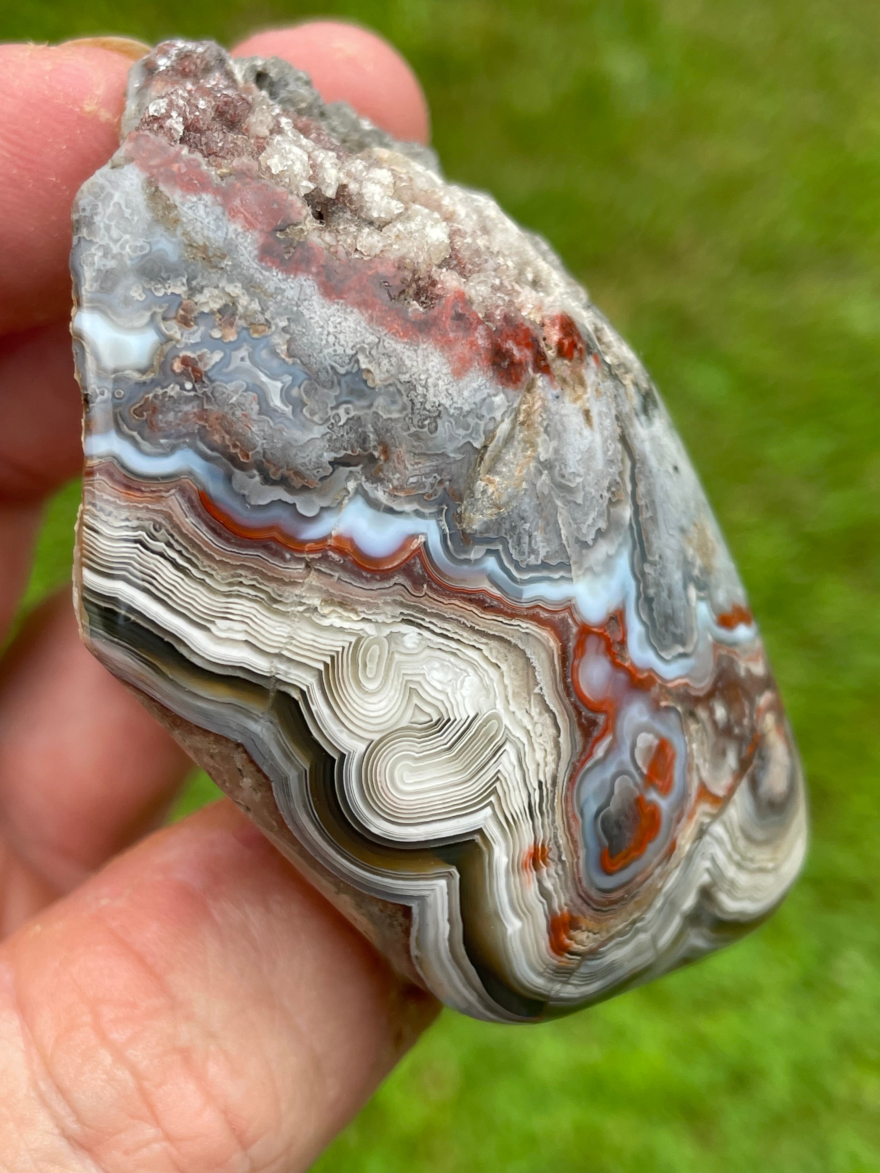 StoneBorn Creations Hand-Polished Curved Lace Agate Freeform with Natural Druzy Quartz Pocket and Fortification Banding