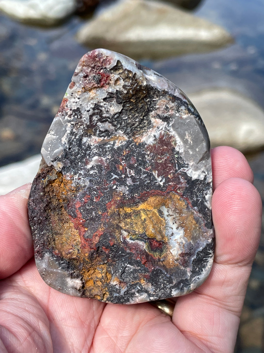 StoneBorn Creations Hand Polished Lace Agate Freeform with Fiery Crimson Banding and Natural Raw Backing