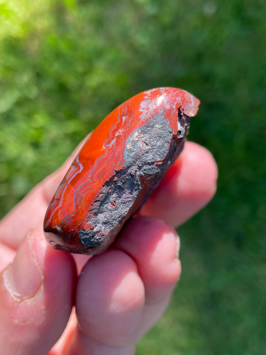StoneBorn Creations Hand-Polished Lace Agate Freeform with Bold Red Plumes, Fortification Banding & Natural Matrix