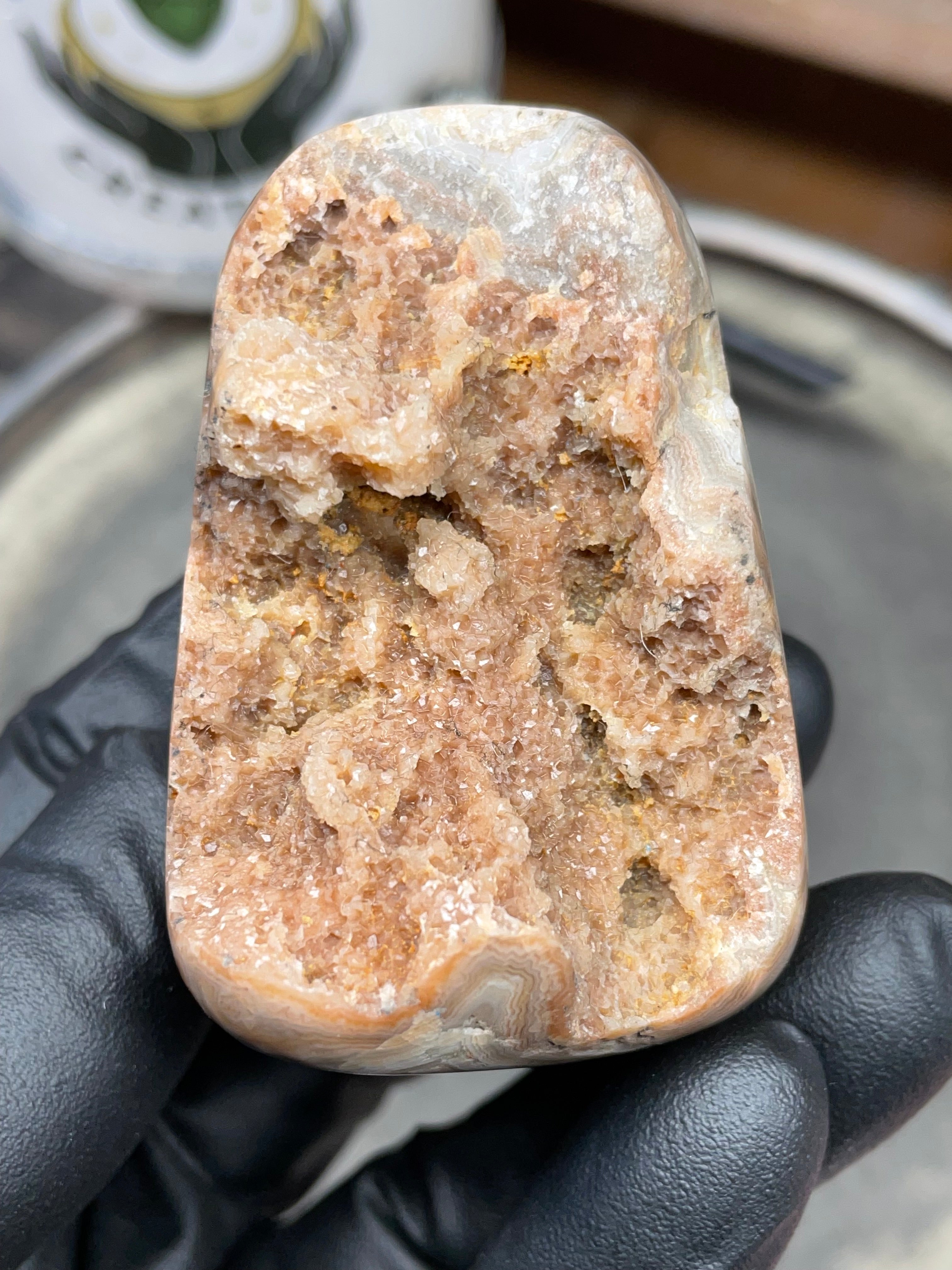 StoneBorn Creations – Hand Polished Georgia Lace Agate with Natural Druzy Crystal Pocket | One-of-a-Kind Display Stone