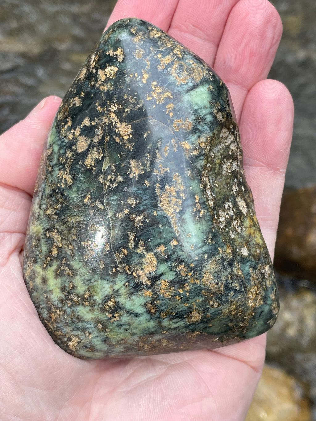 StoneBorn Creations Hand-Polished Vermont Serpentine with Golden Flecking Deep Forest Greens Full 360 Finish