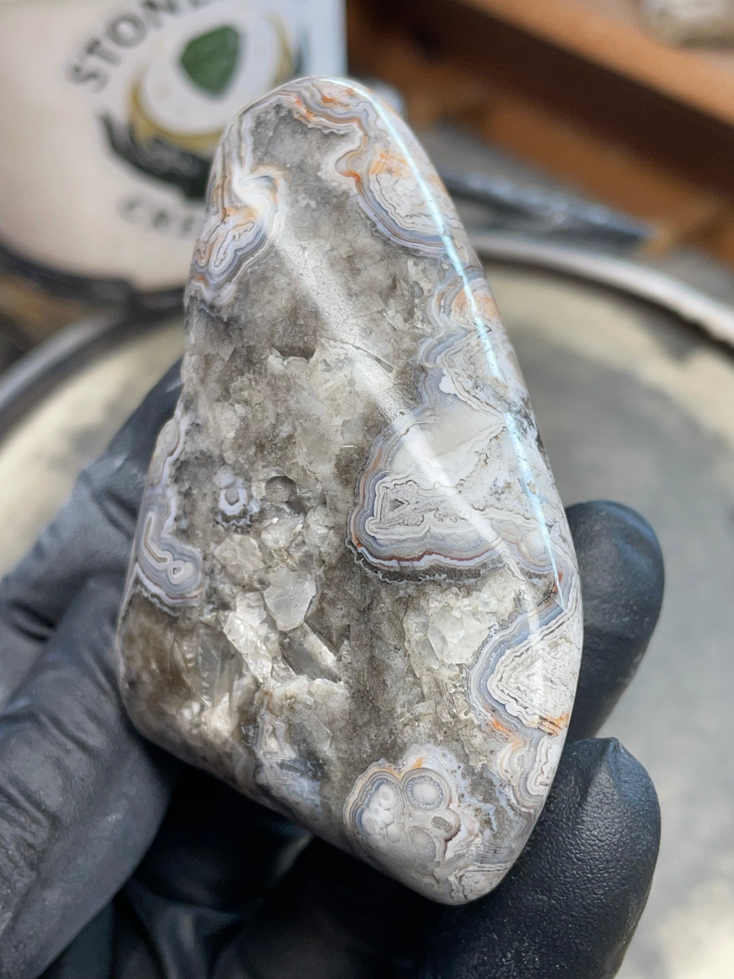 StoneBorn Creations | Hand-Polished Lace Agate with Natural Quartz Crystal Pockets