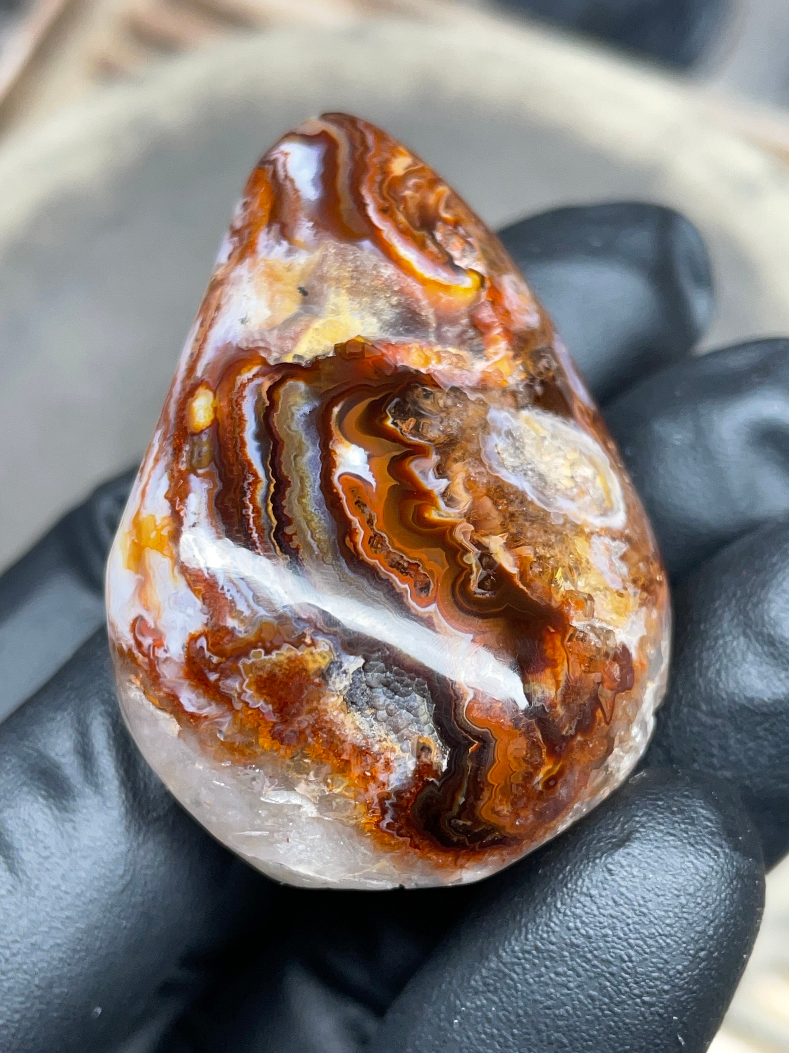 StoneBorn Creations Hand-Polished Fire Agate with Raw Crystal Top – Banded Natural Agate Display Stone