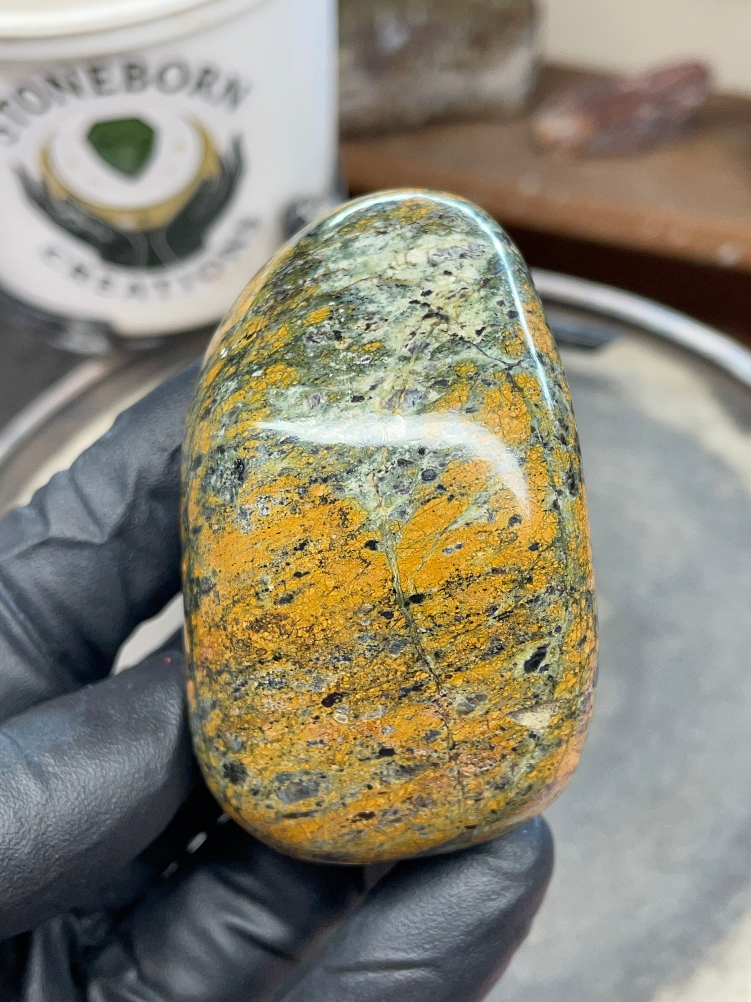 StoneBorn Creations – Hand Polished Vermont Greenstone with Golden Matrix & Quartz Veins